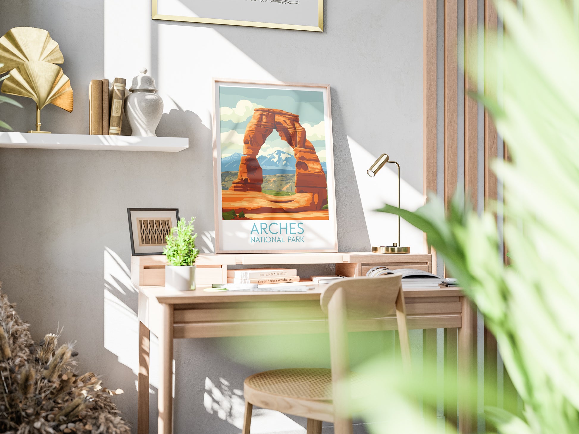 Arches travel poster on desk National Park