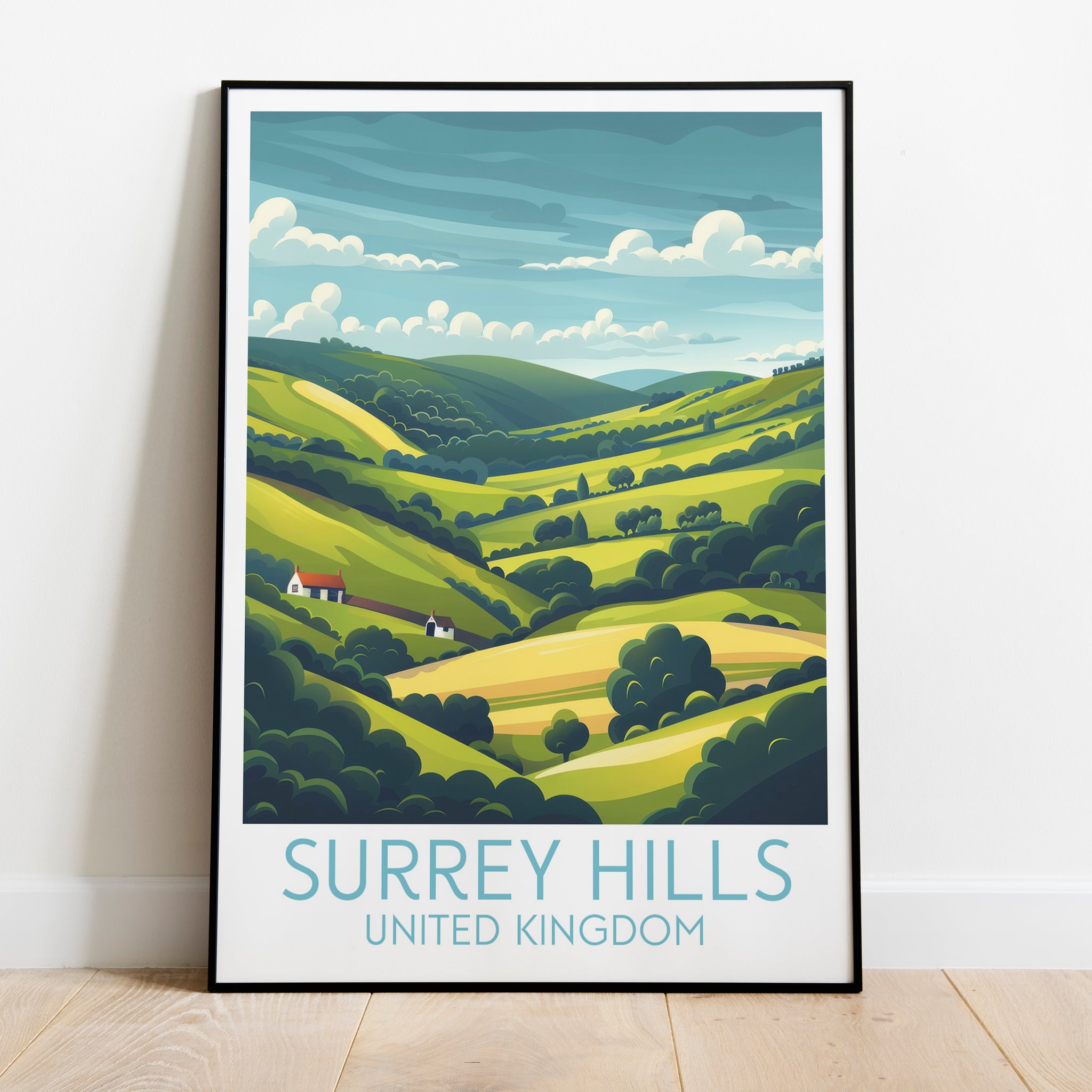 Surrey Hills travel poster on the ground United Kingdom