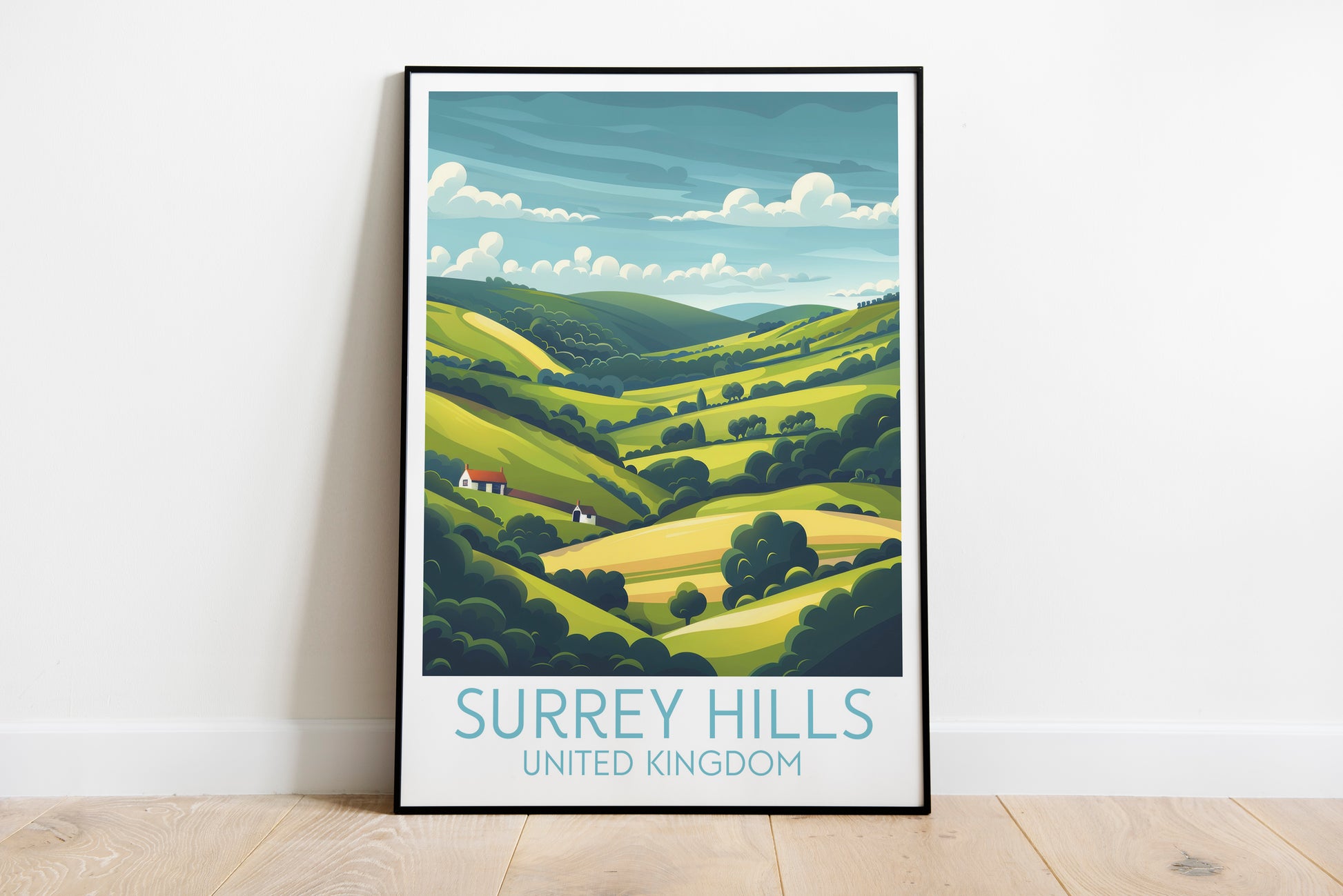 Surrey Hills travel poster on the ground United Kingdom