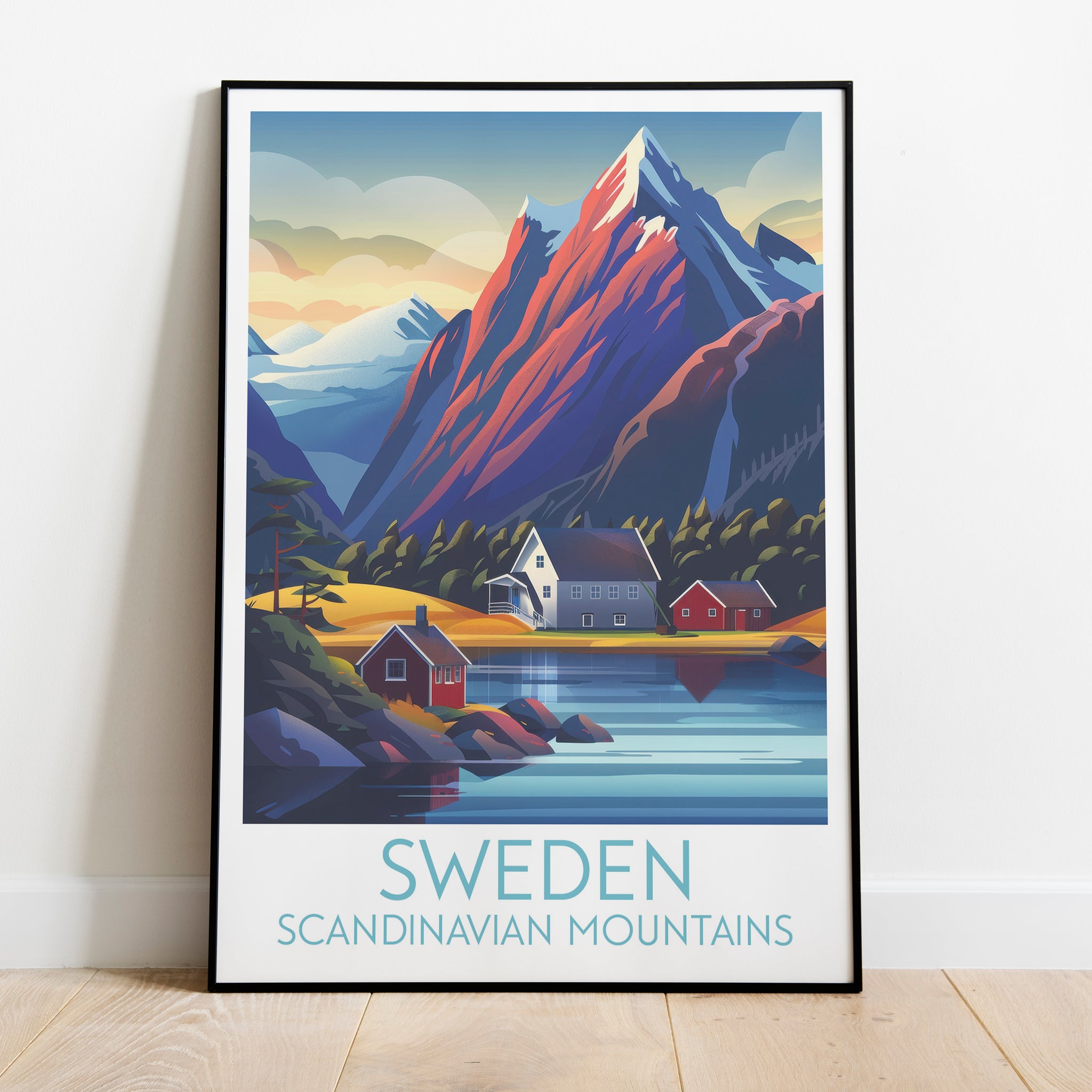 Sweden travel poster on the ground Scandinavian mountains