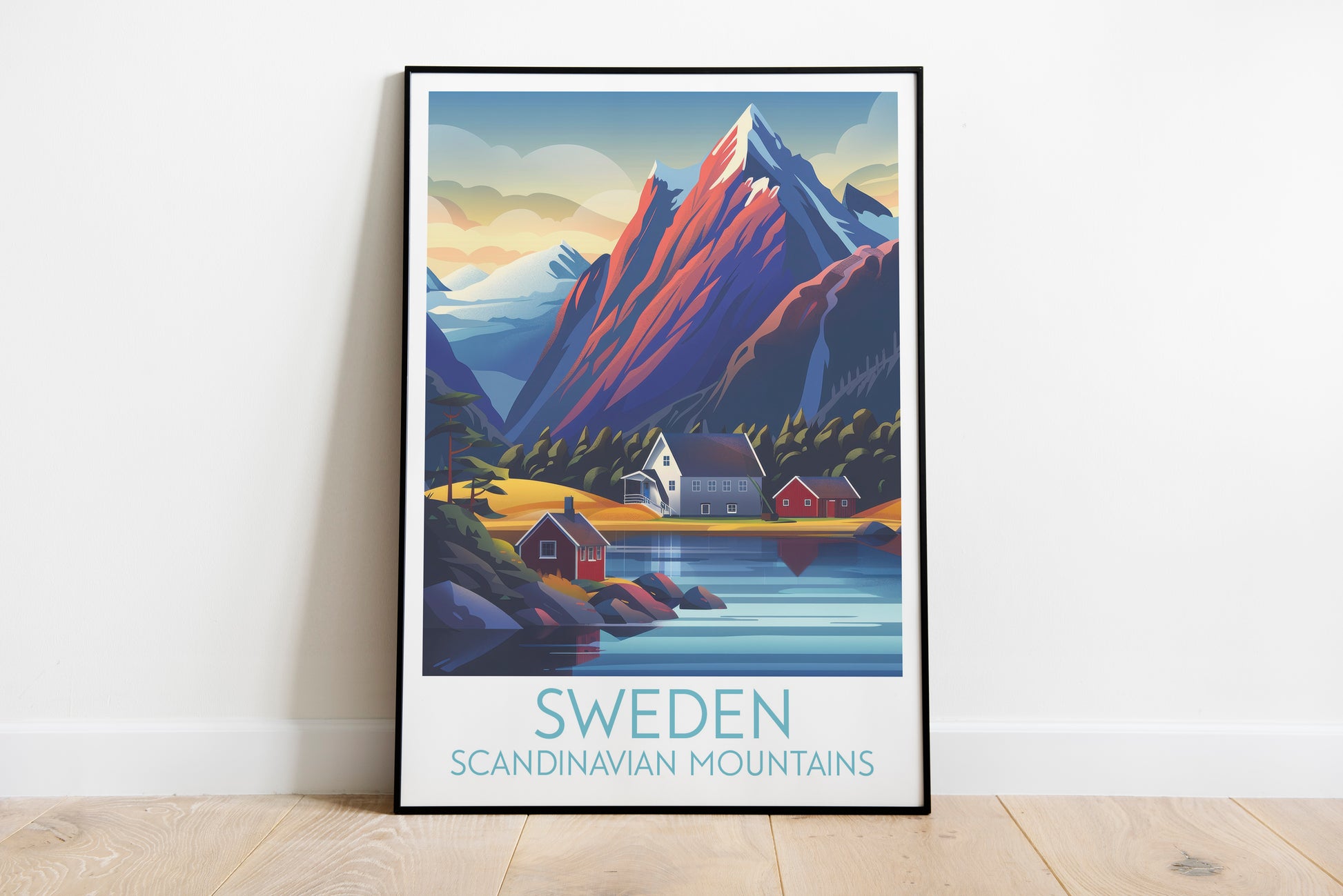 Sweden travel poster on the ground Scandinavian mountains