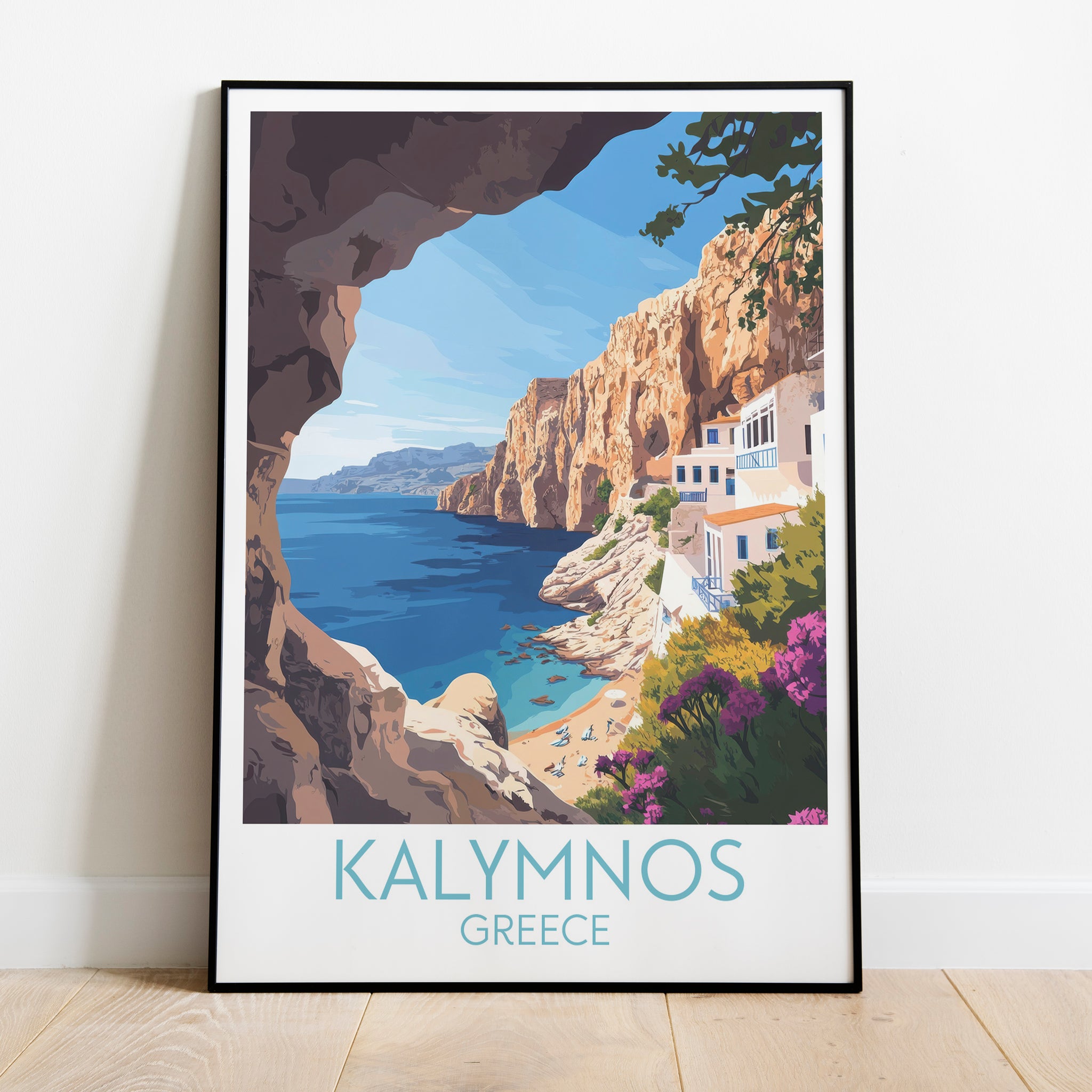 Kalymnos travel poster on the ground Greece