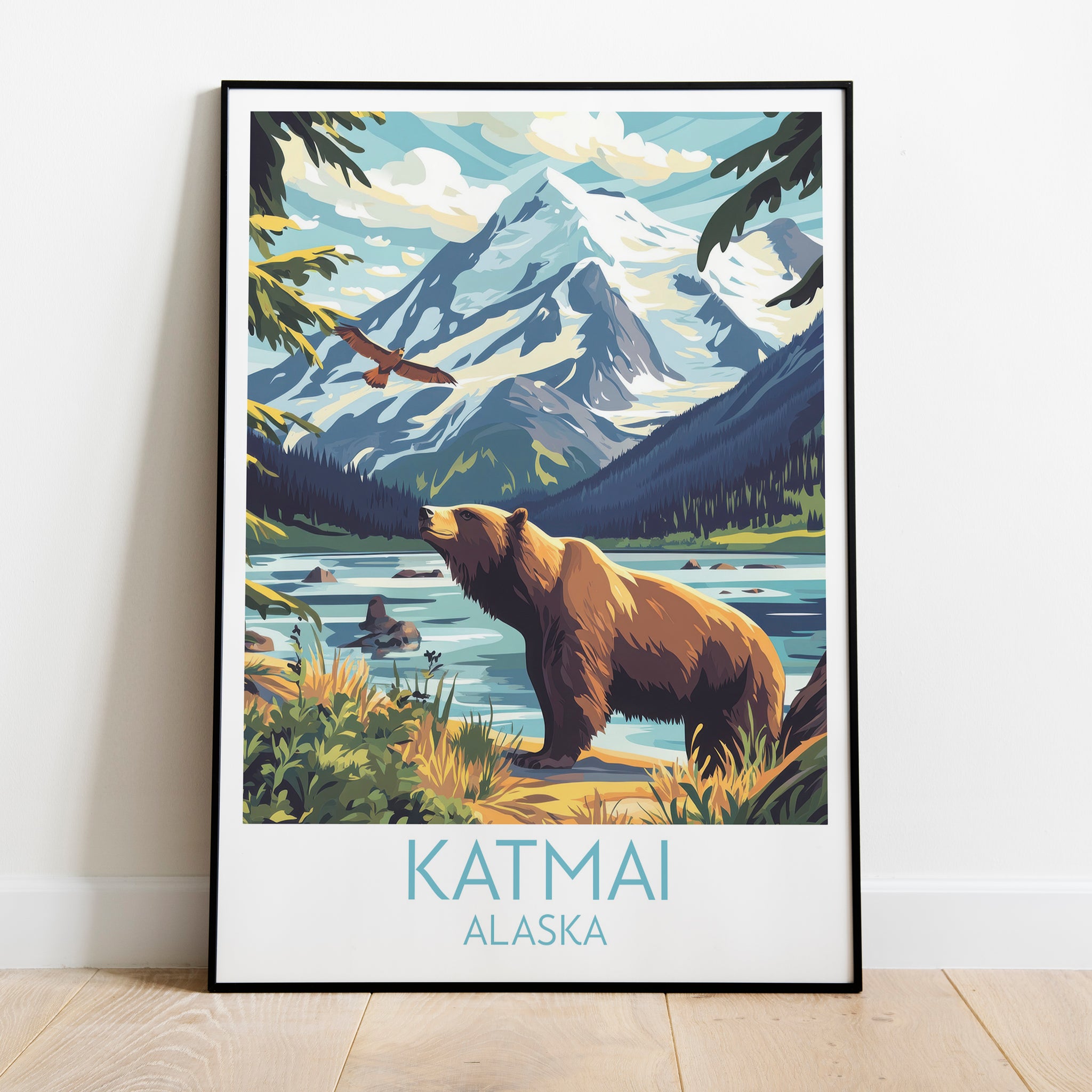 Katmai travel poster on the ground Alaska