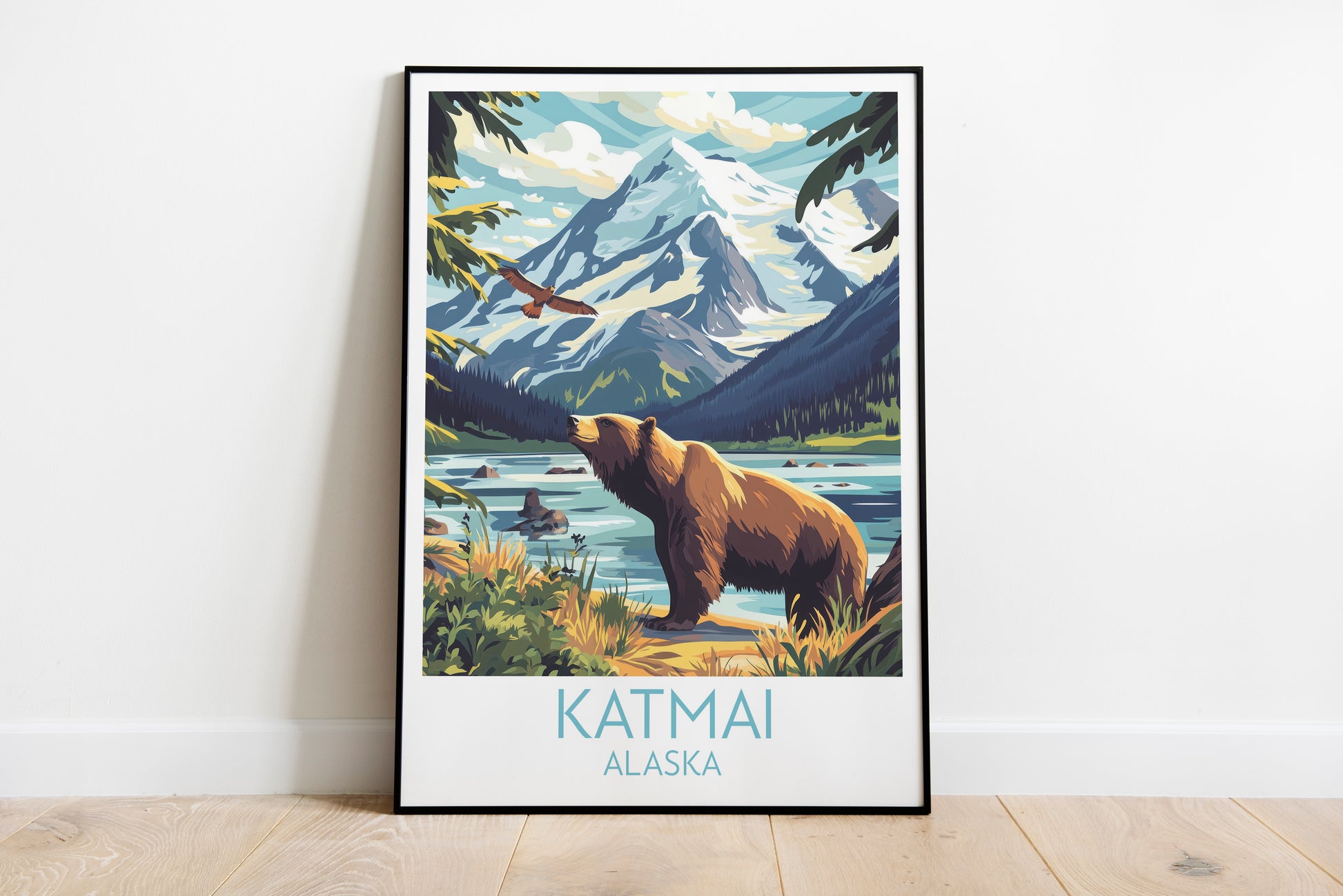 Katmai travel poster on the ground Alaska