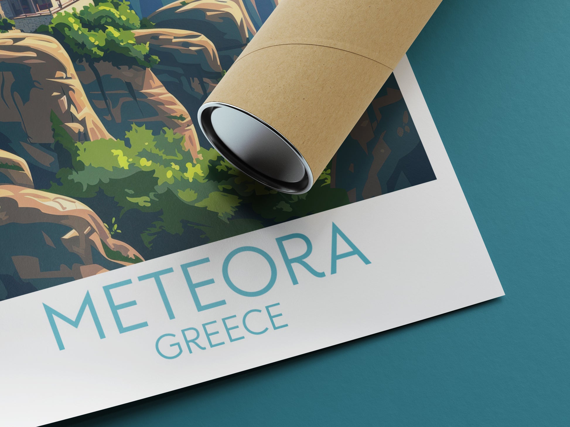 Meteora travel poster rolled Greece