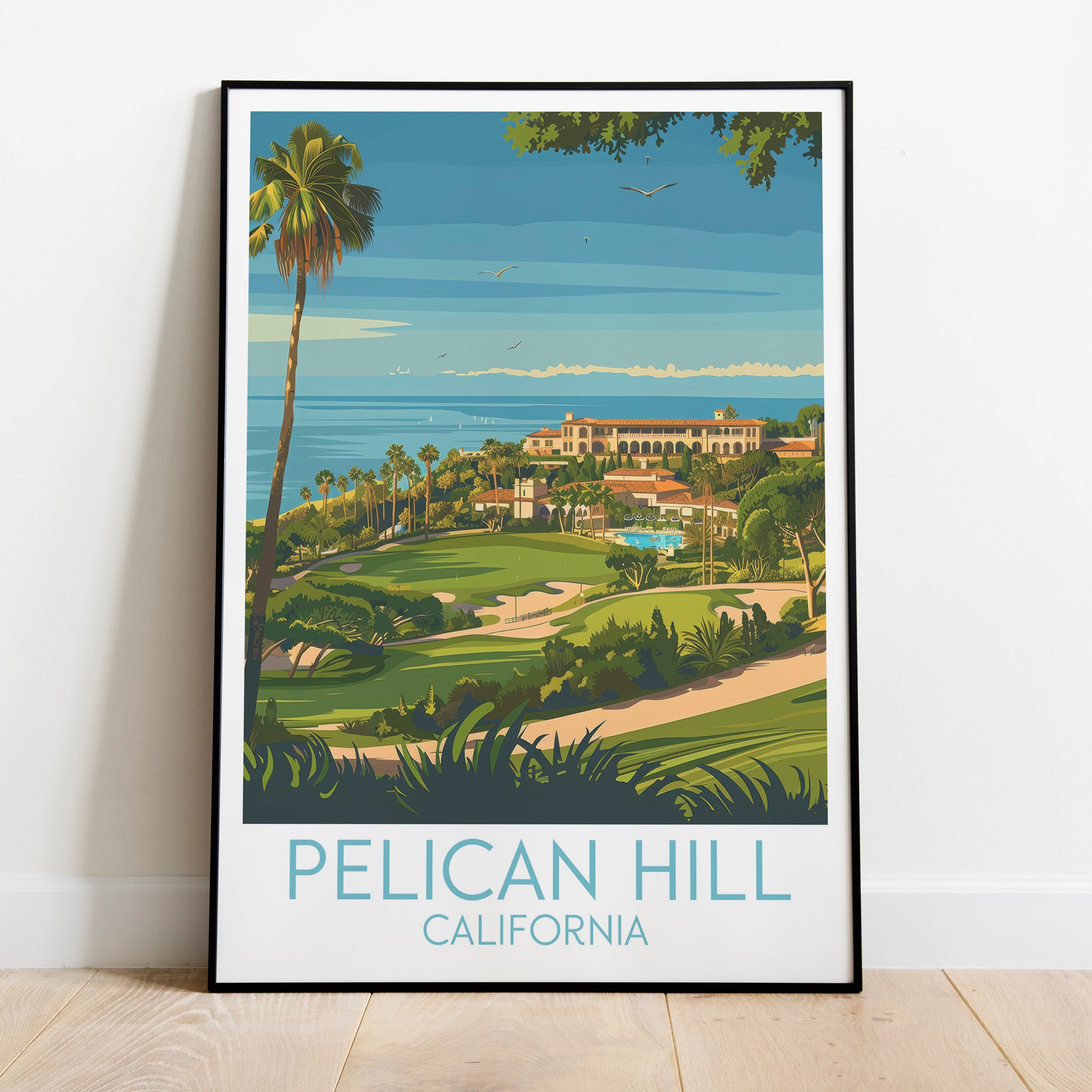 Pelican Hill travel poster on the ground California