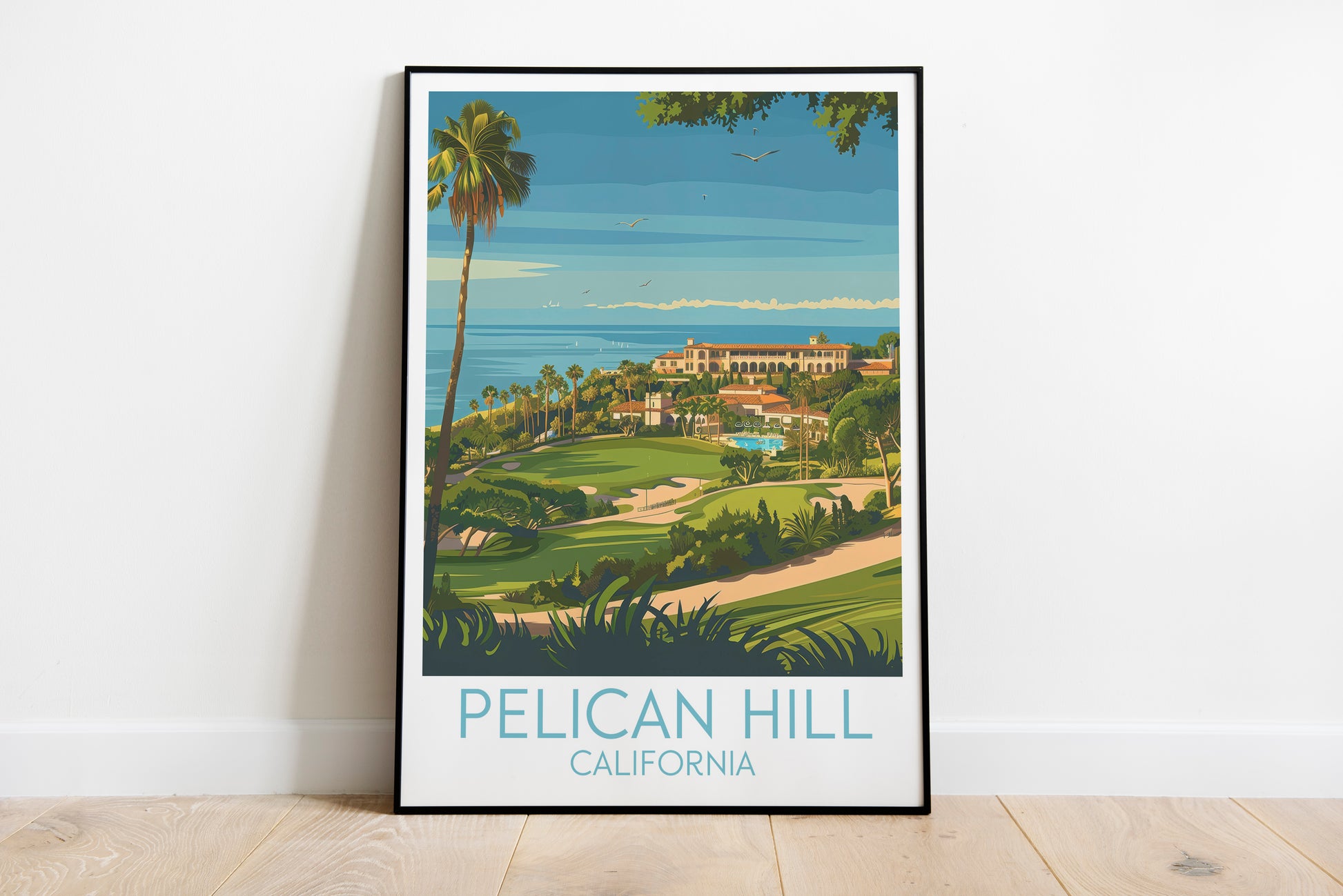 Pelican Hill travel poster on the ground California