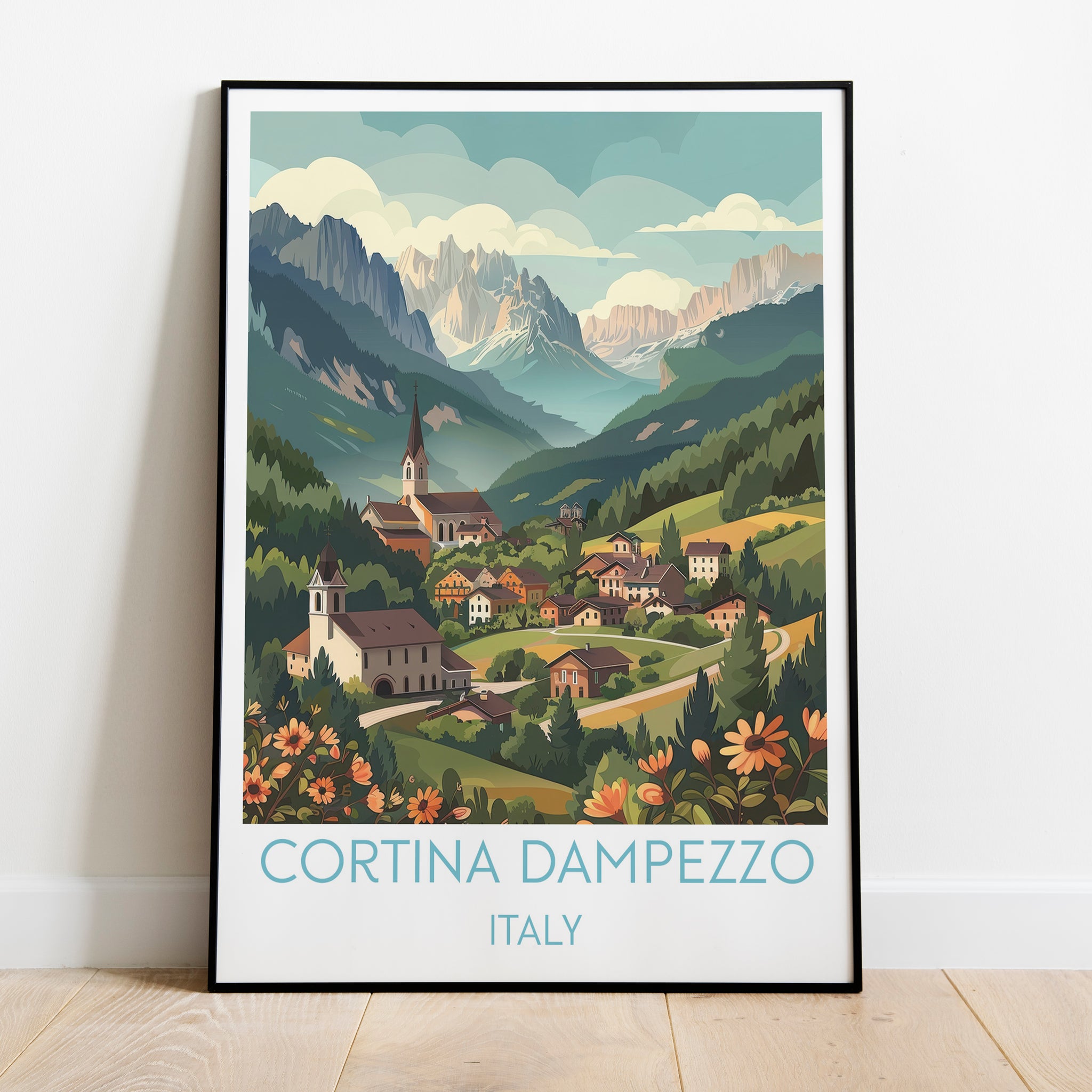 Cortina dampezzo travel poster on the ground Italy