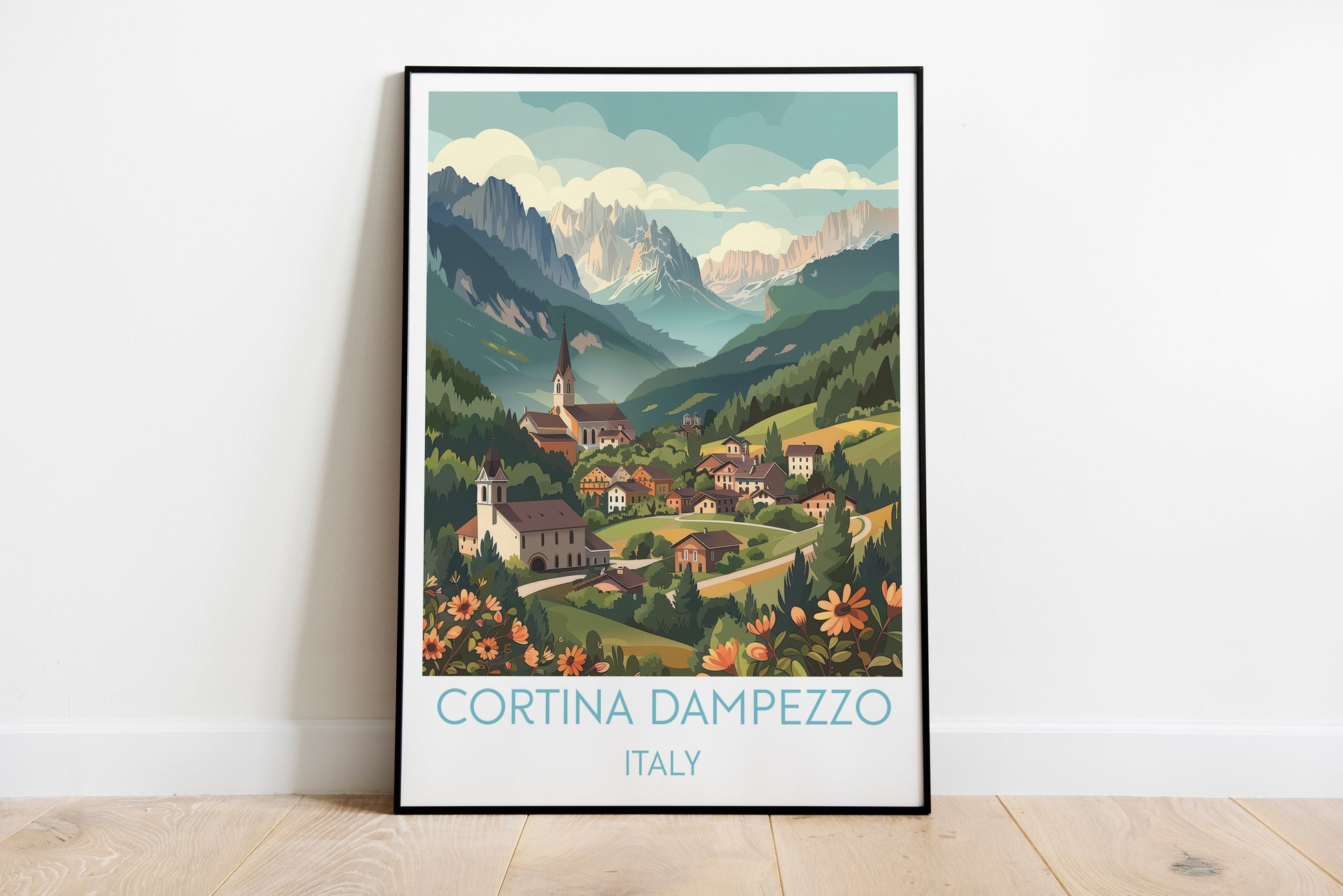 Cortina dampezzo travel poster on the ground Italy