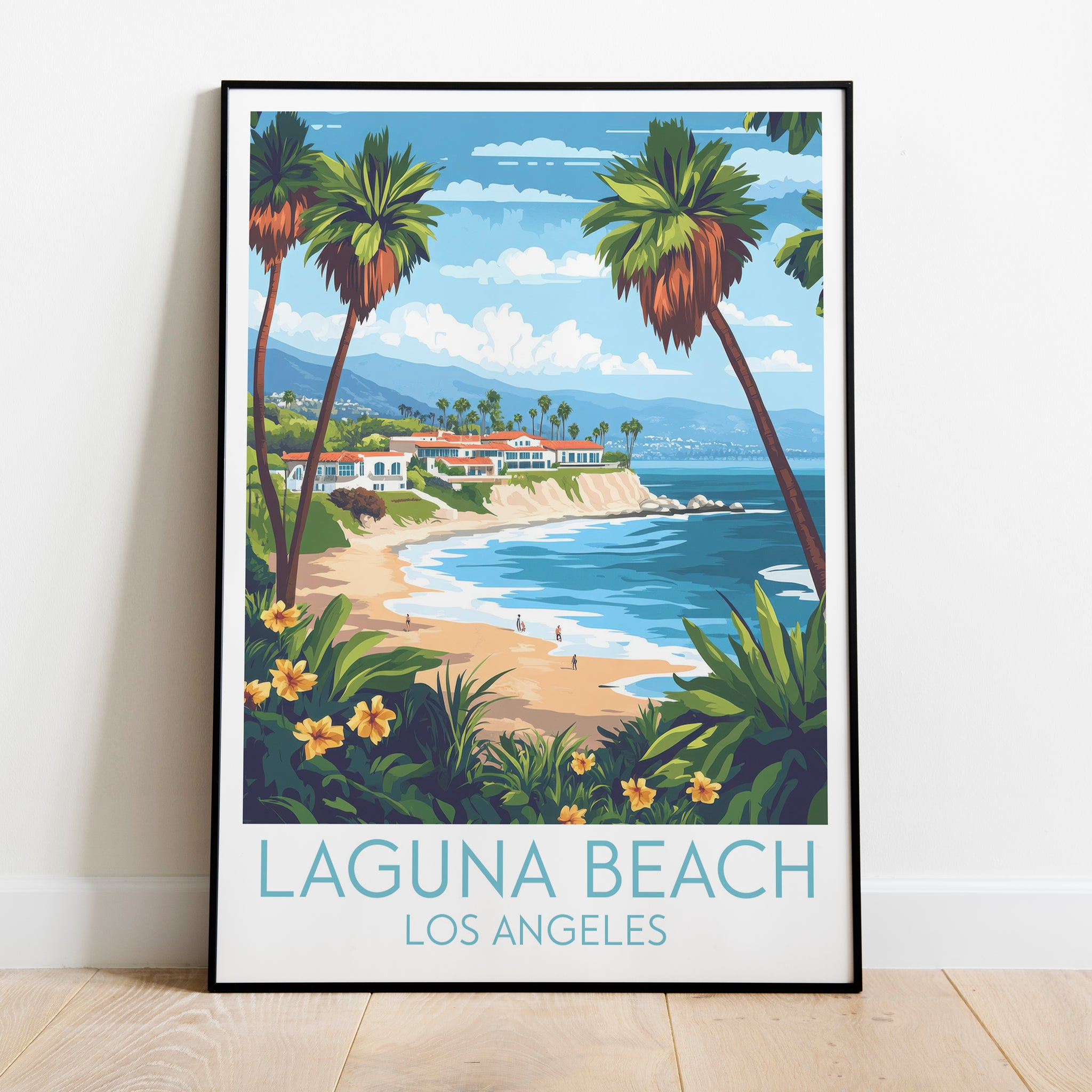 Laguna Beach travel poster on the ground Los Angeles