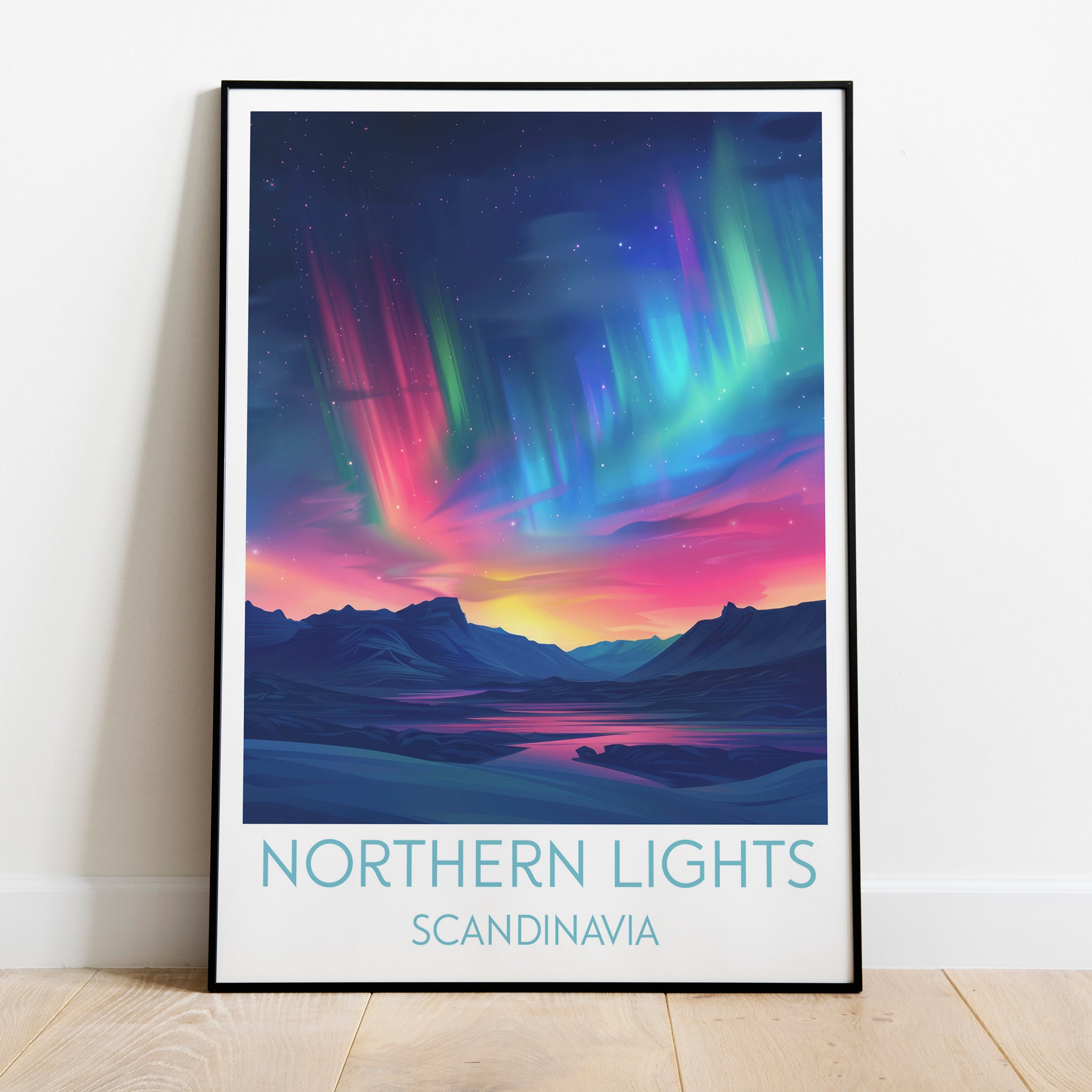 Northern Lights travel poster on the ground Scandinavia