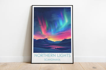 Northern Lights travel poster on the ground Scandinavia