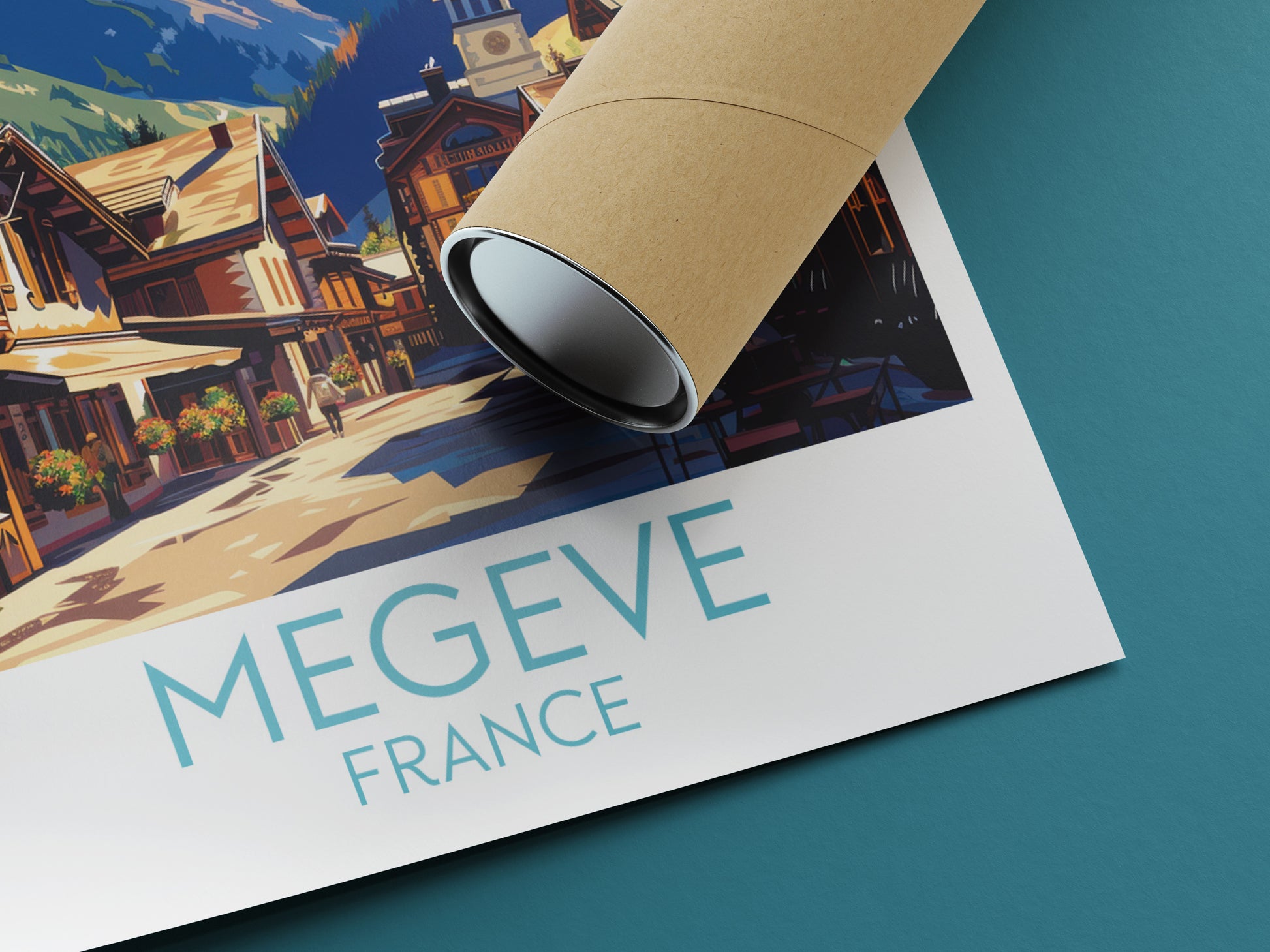 Megeve travel poster rolled France