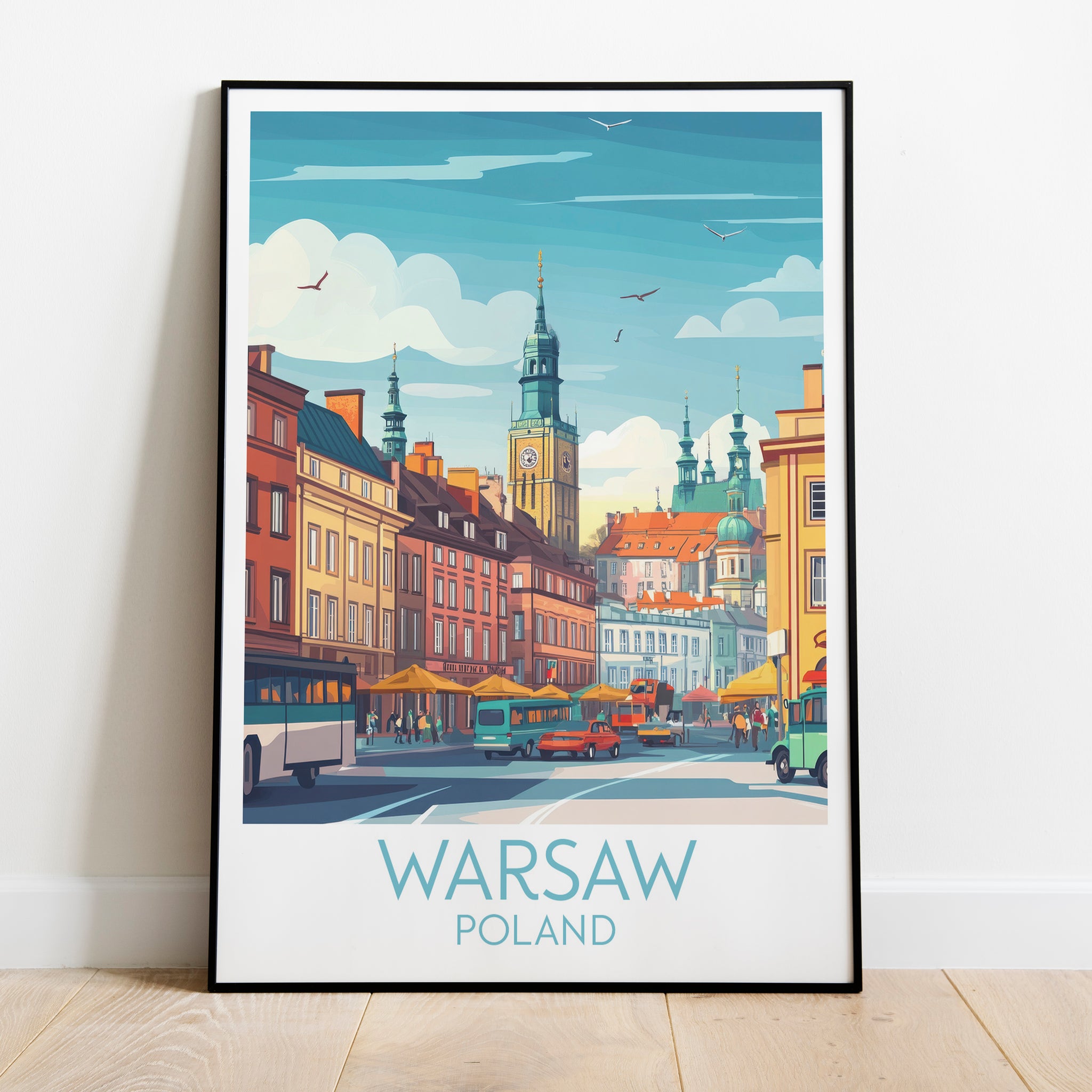 Warsaw travel poster on the ground Poland