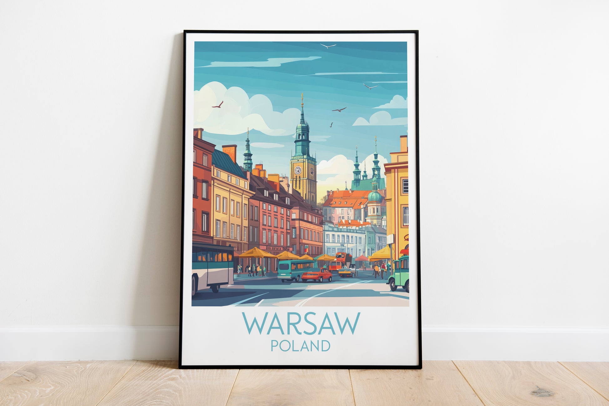 Warsaw travel poster on the ground Poland