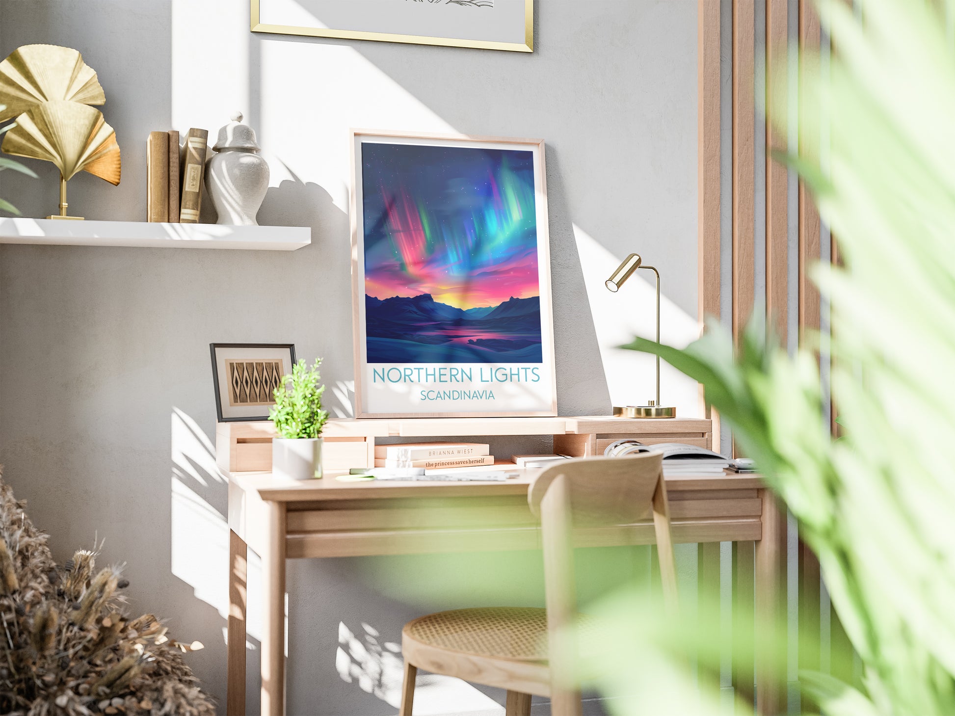 Northern Lights travel poster on desk Scandinavia