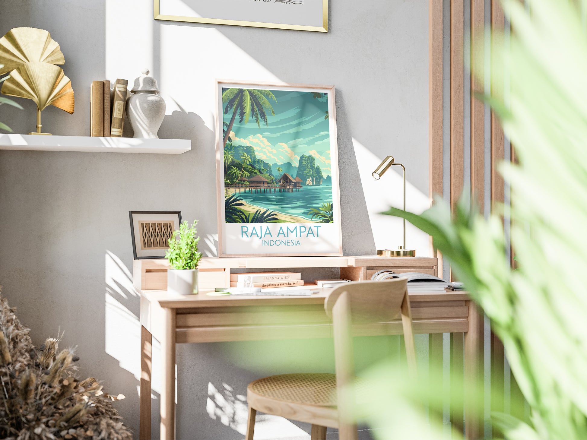 Raja Ampat travel poster on desk Indonesia