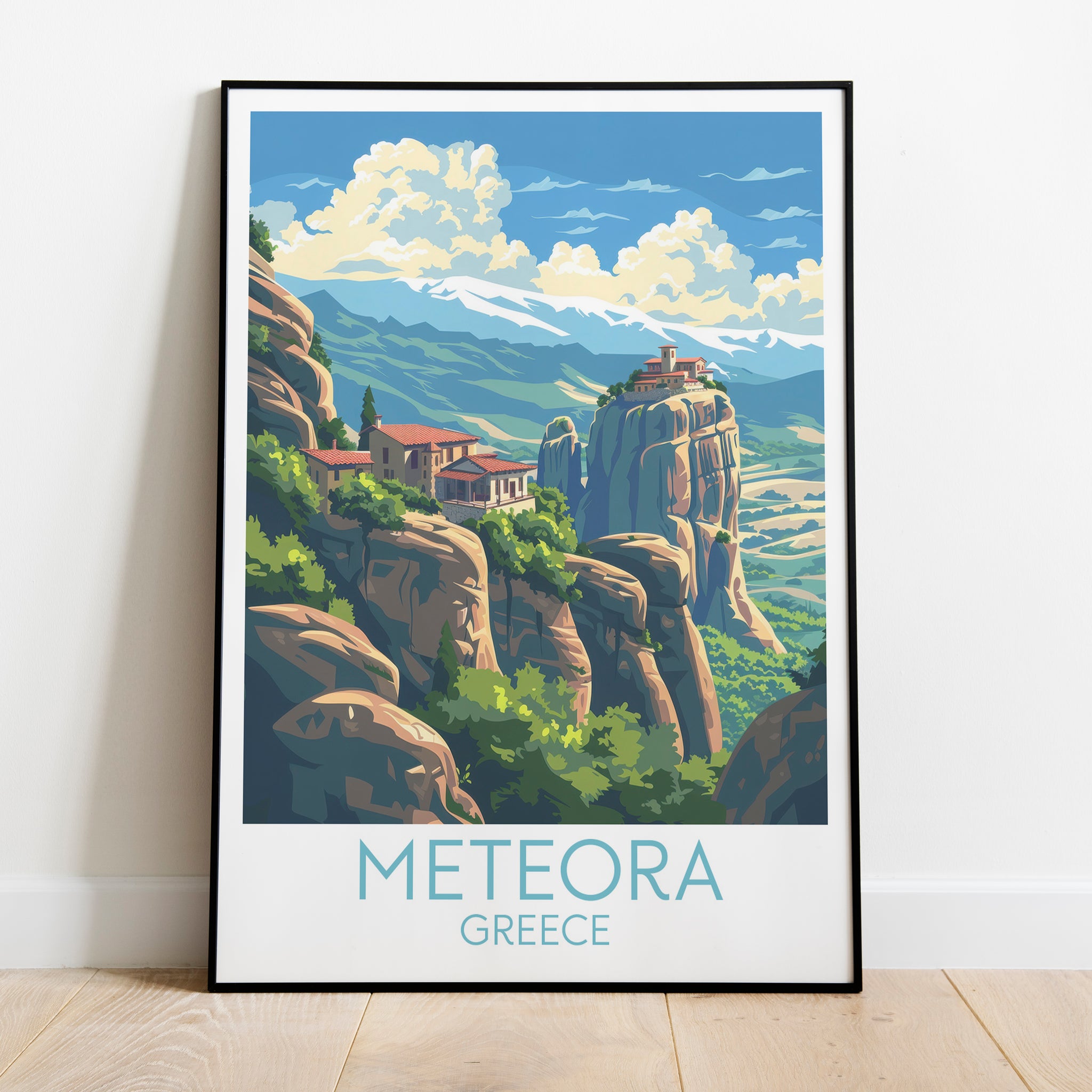 Meteora travel poster on the ground Greece