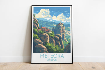 Meteora travel poster on the ground Greece