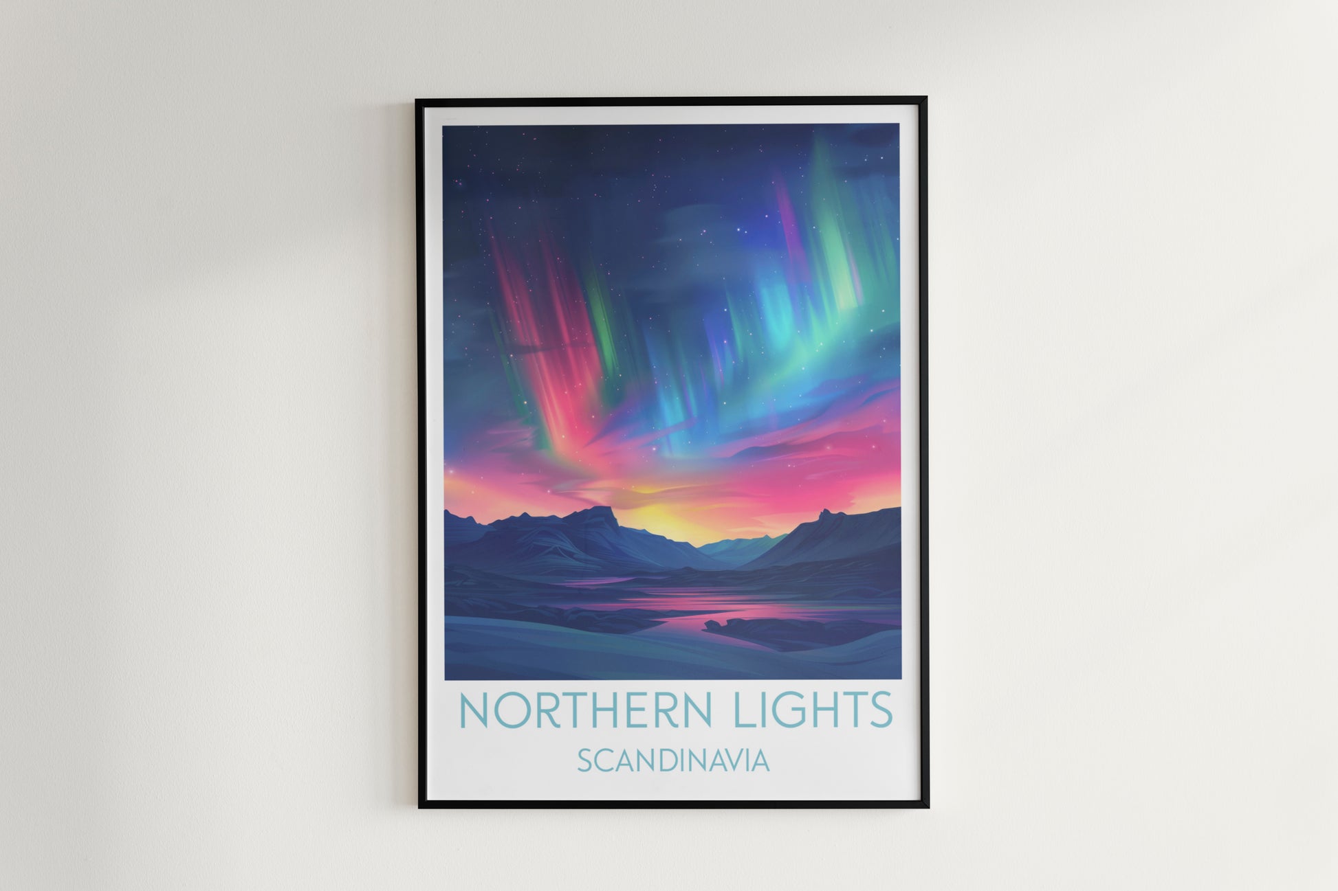 Northern Lights travel poster on the wall Scandinavia