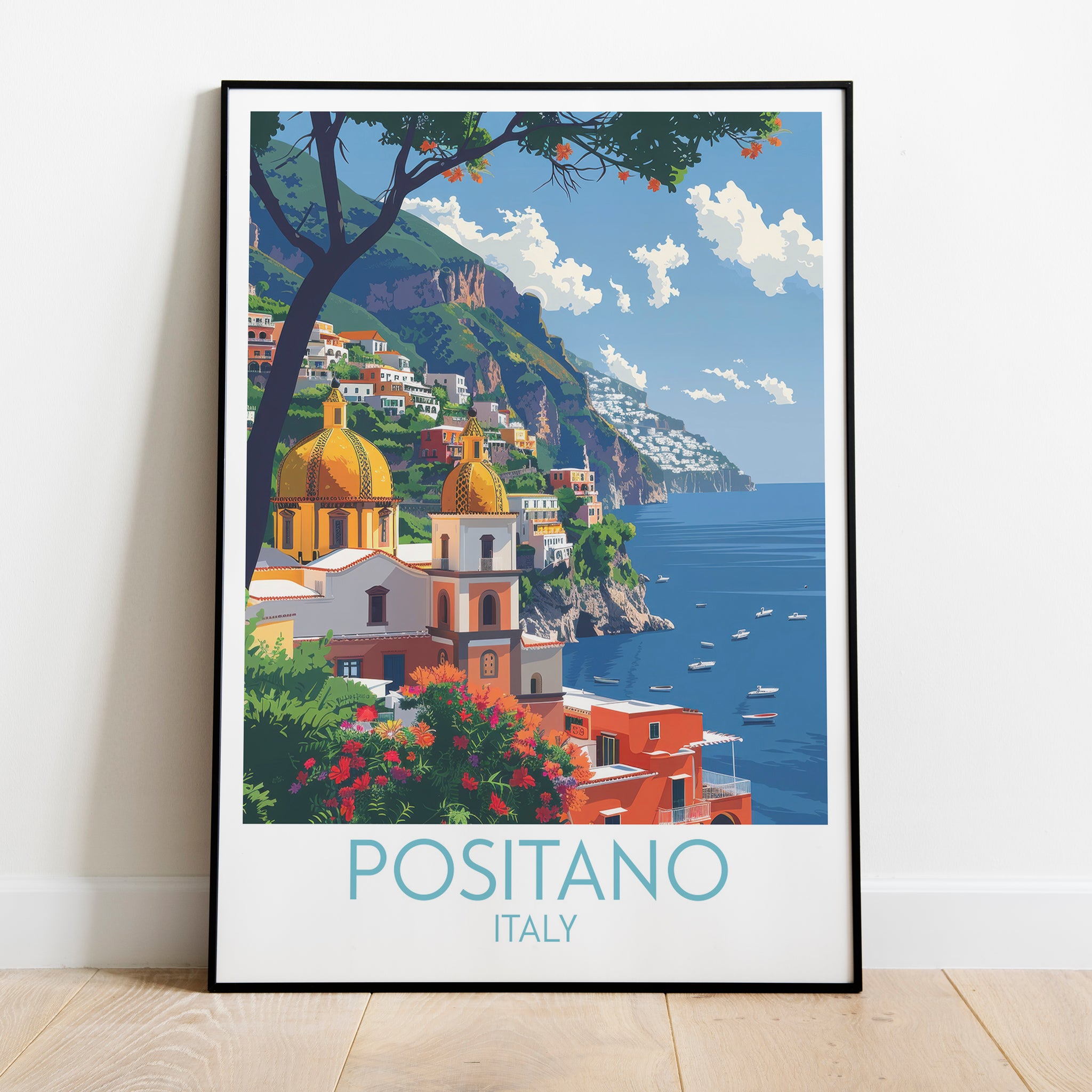 Positano travel poster on the ground Italy