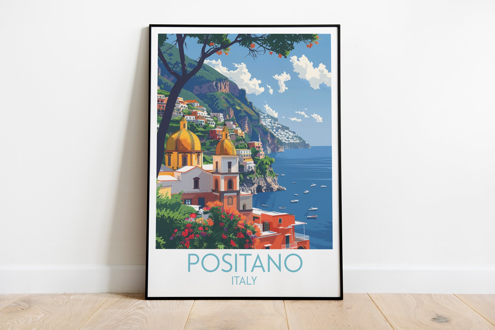 Positano travel poster on the ground Italy