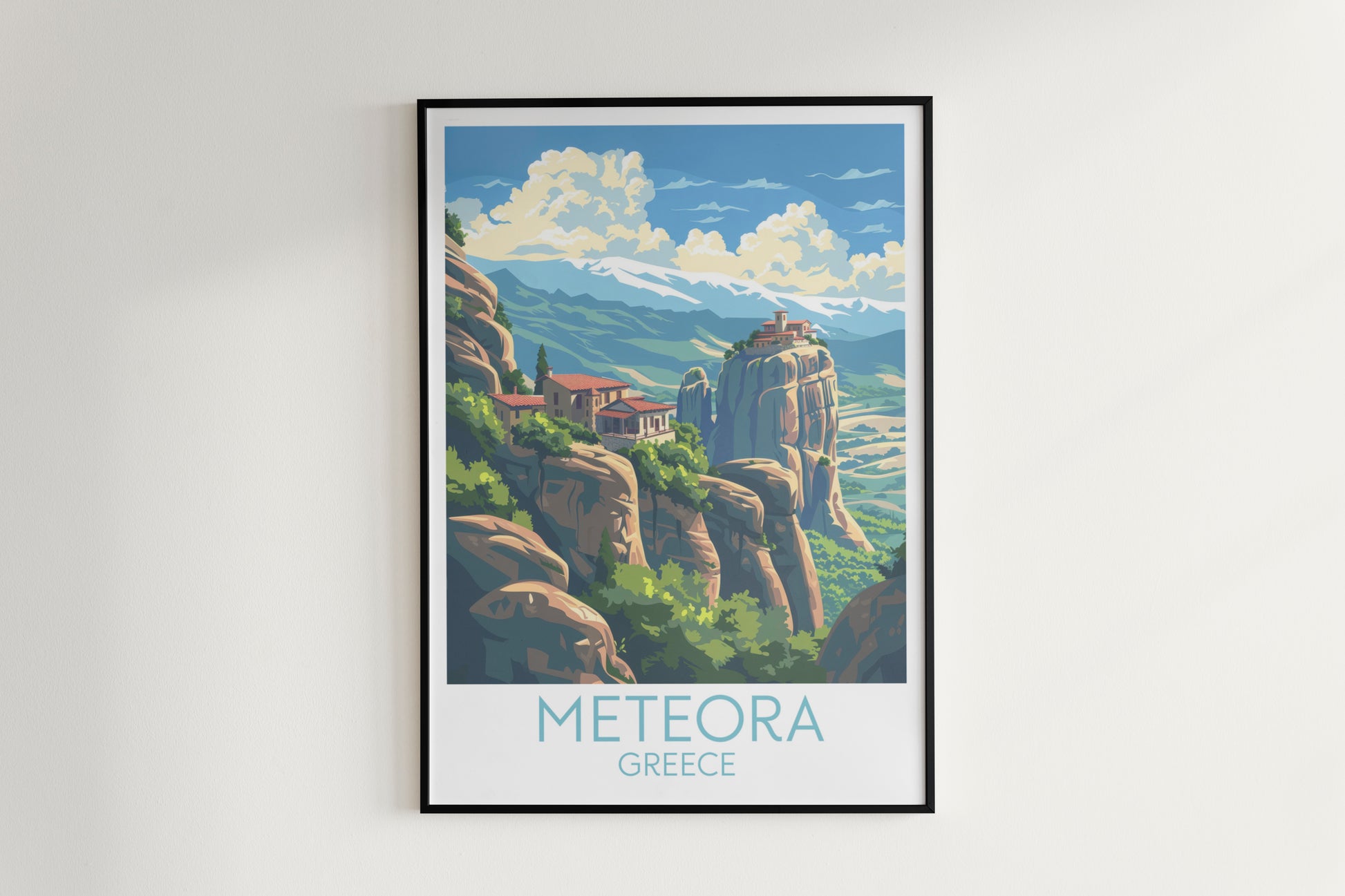 Meteora travel poster on the wall Greece