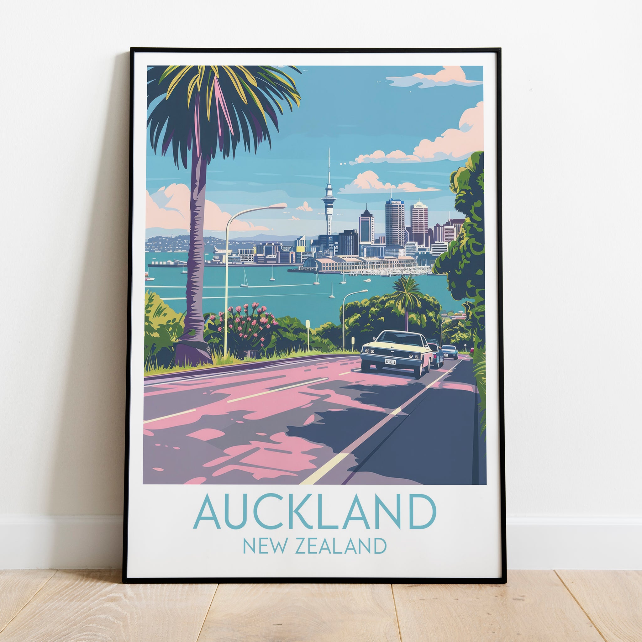 Auckland travel poster on the ground New Zealand