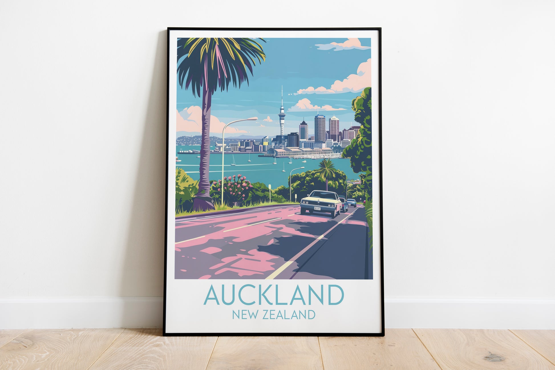 Auckland travel poster on the ground New Zealand