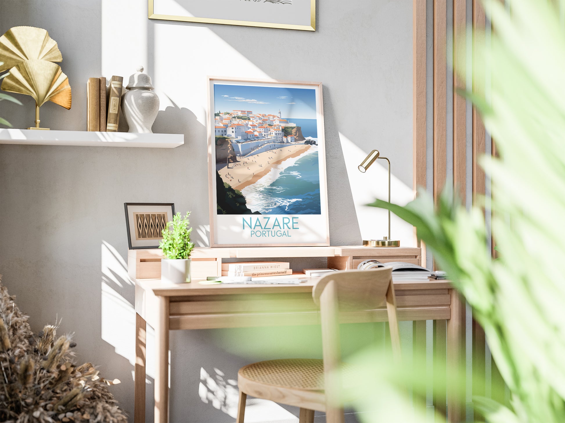 Nazare travel poster on desk Portugal