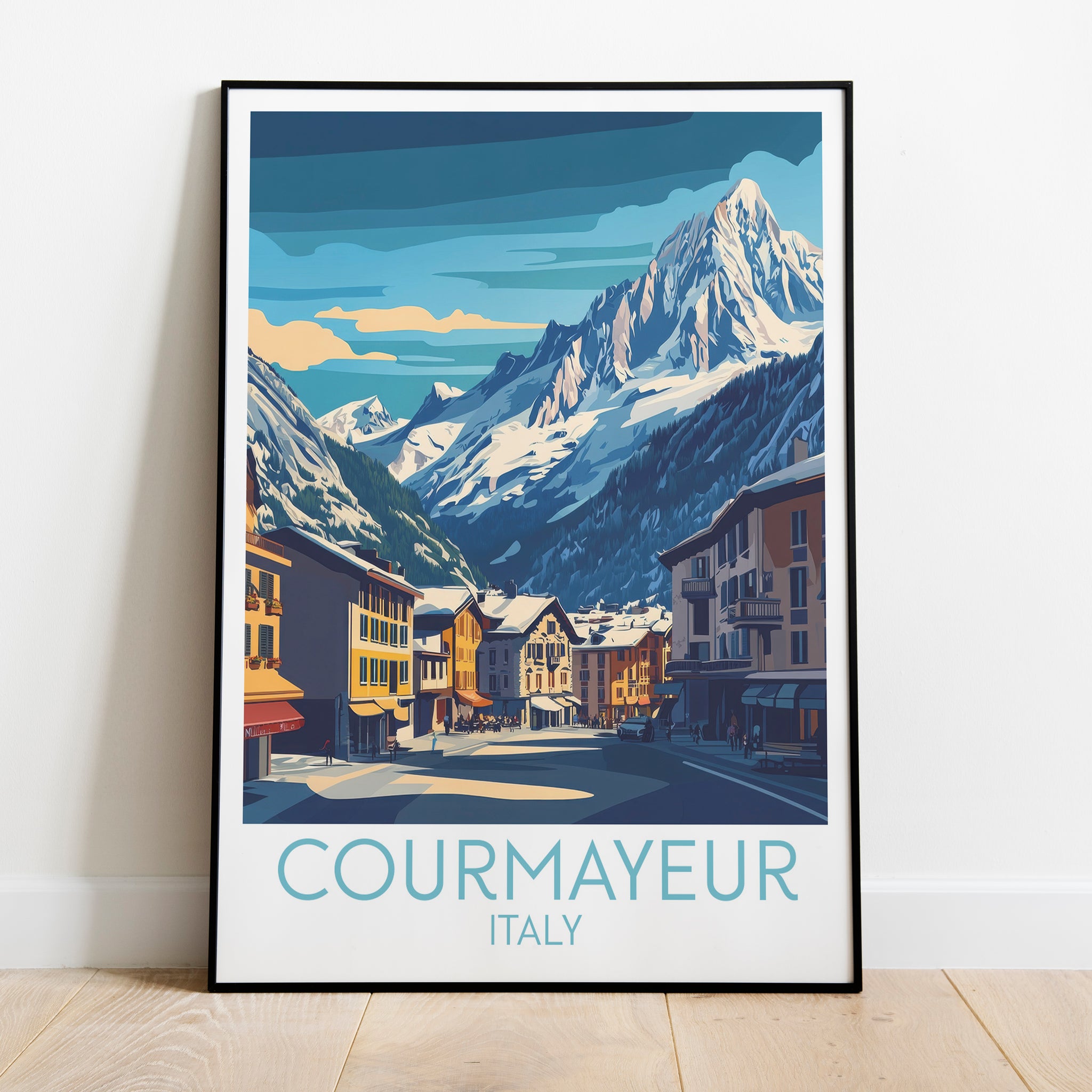 Courmayeur travel poster on the ground Italy