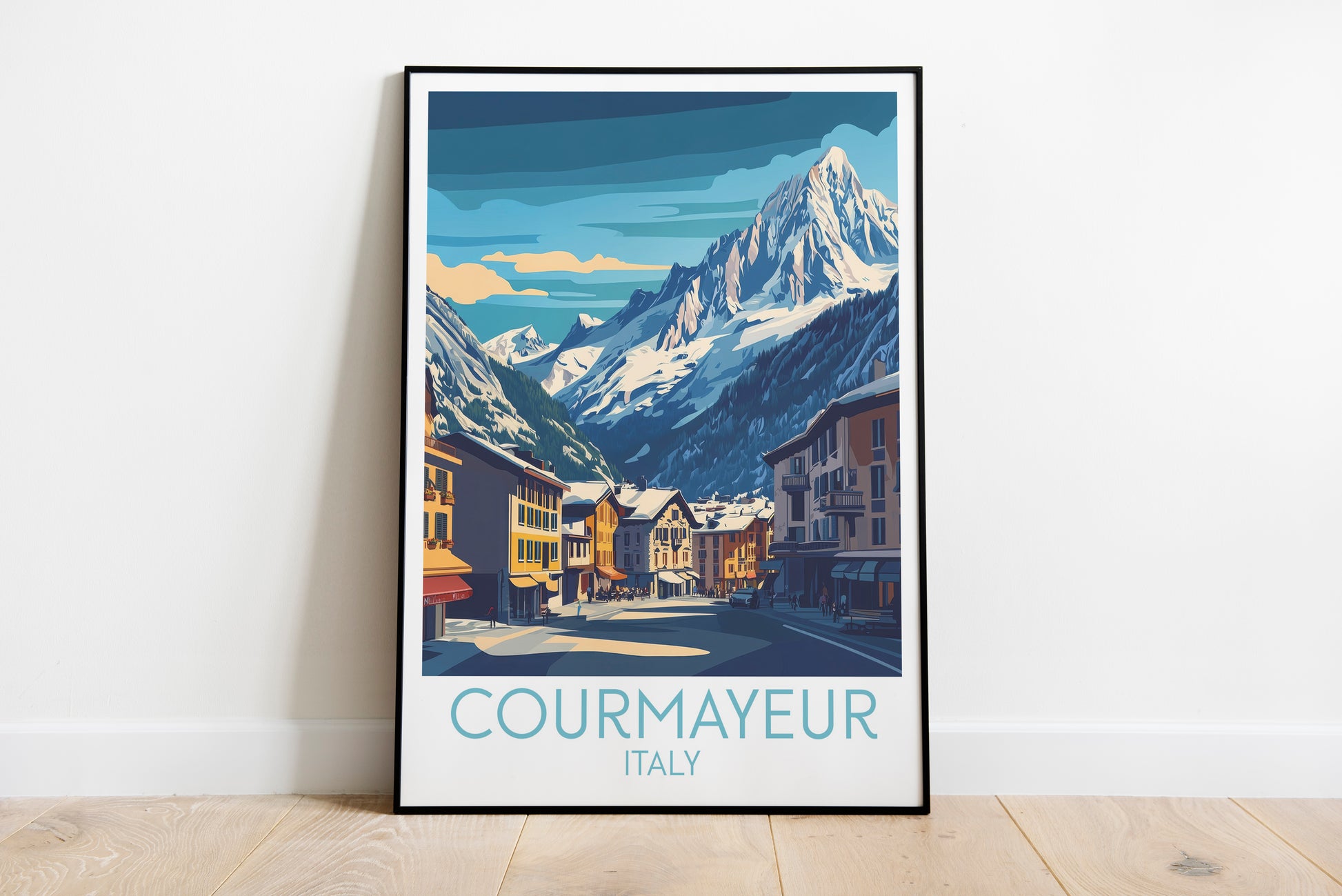 Courmayeur travel poster on the ground Italy