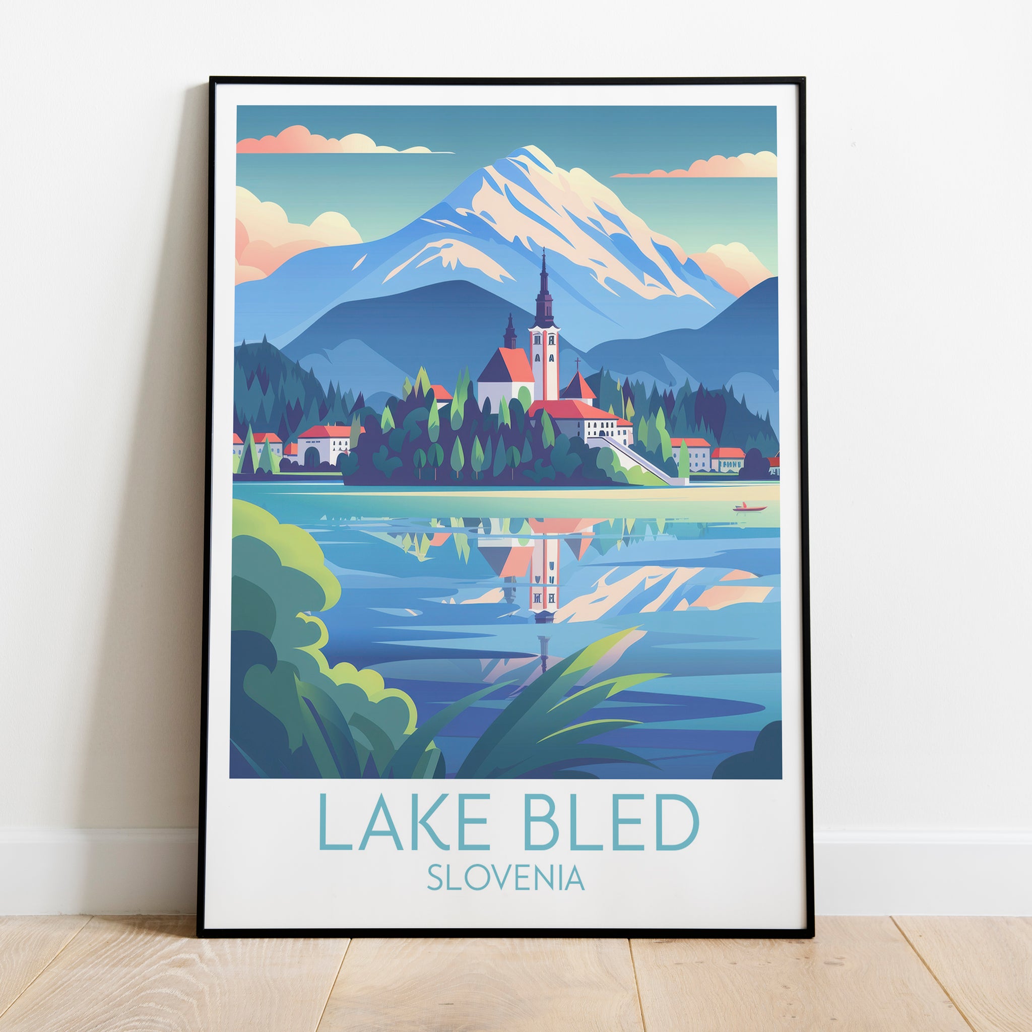 Lake Bled travel poster on the ground Slovenia