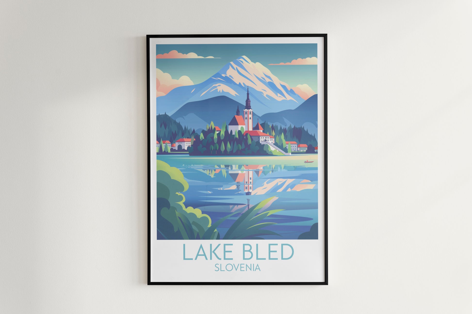 Lake Bled travel poster on the wall Slovenia