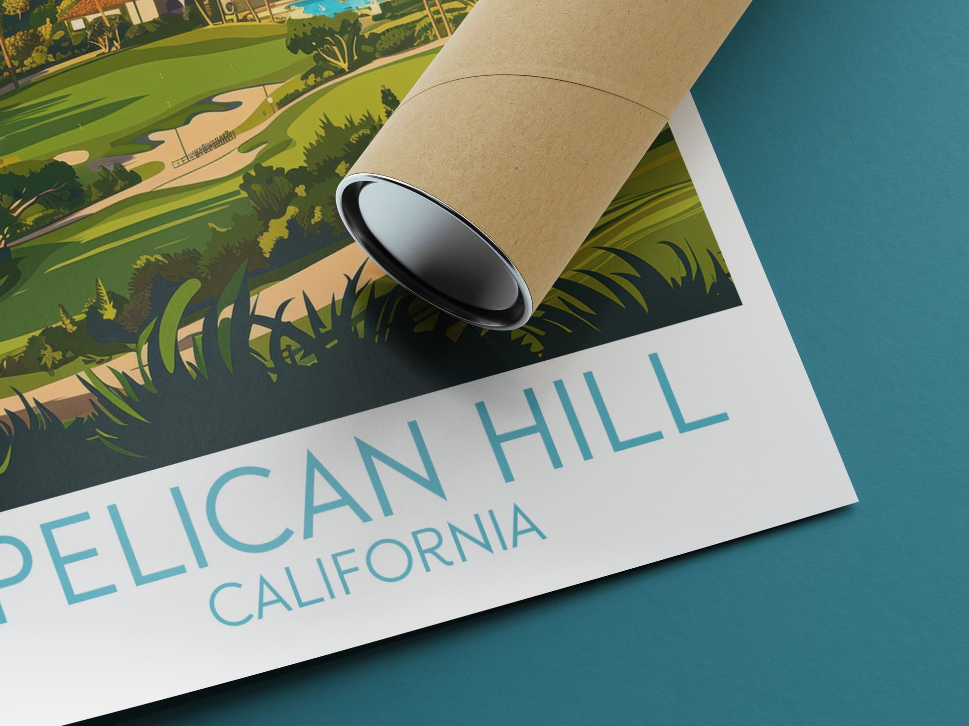 Pelican Hill travel poster rolled California