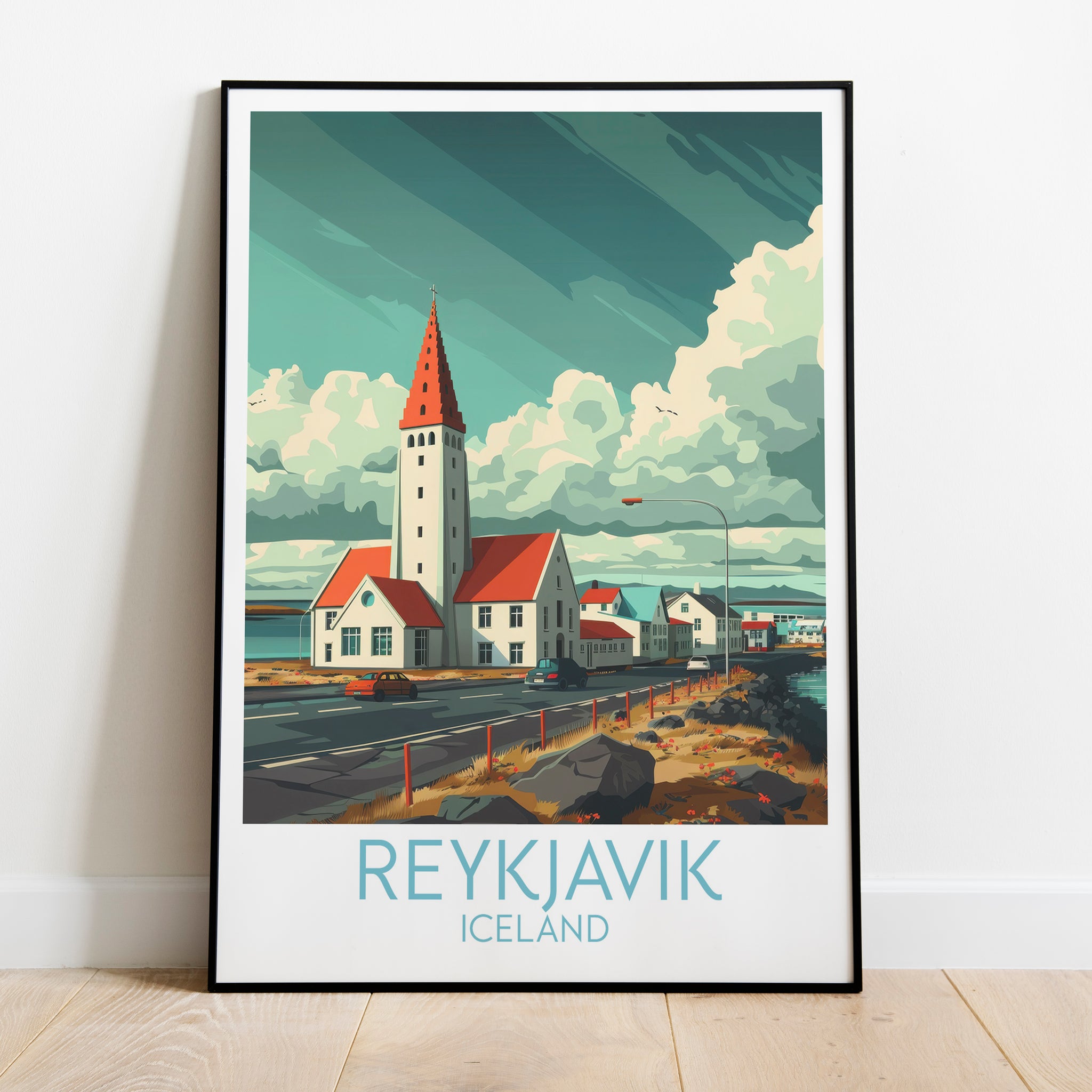 Reykjavik travel poster on the ground Iceland