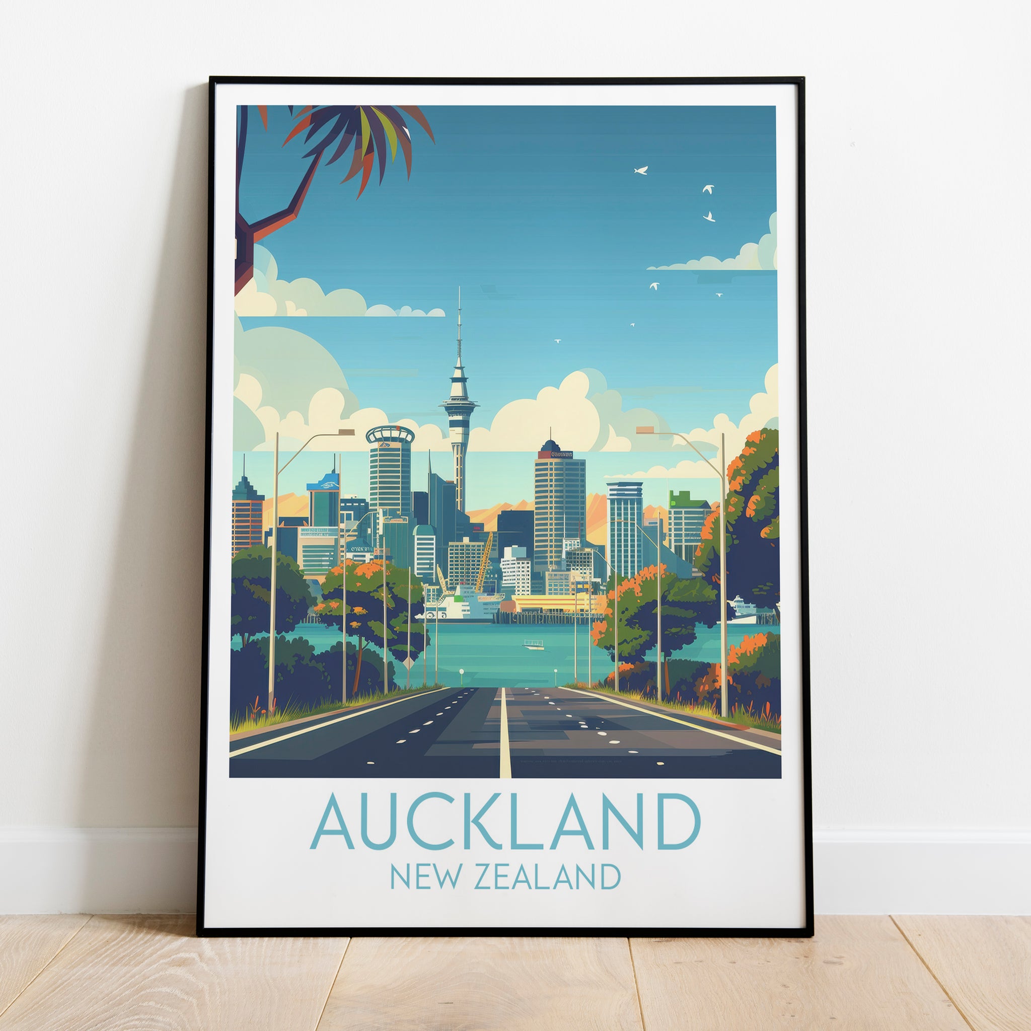 Auckland travel poster on the ground New Zealand