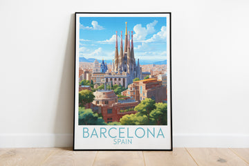 barcelona travel poster on the ground spain