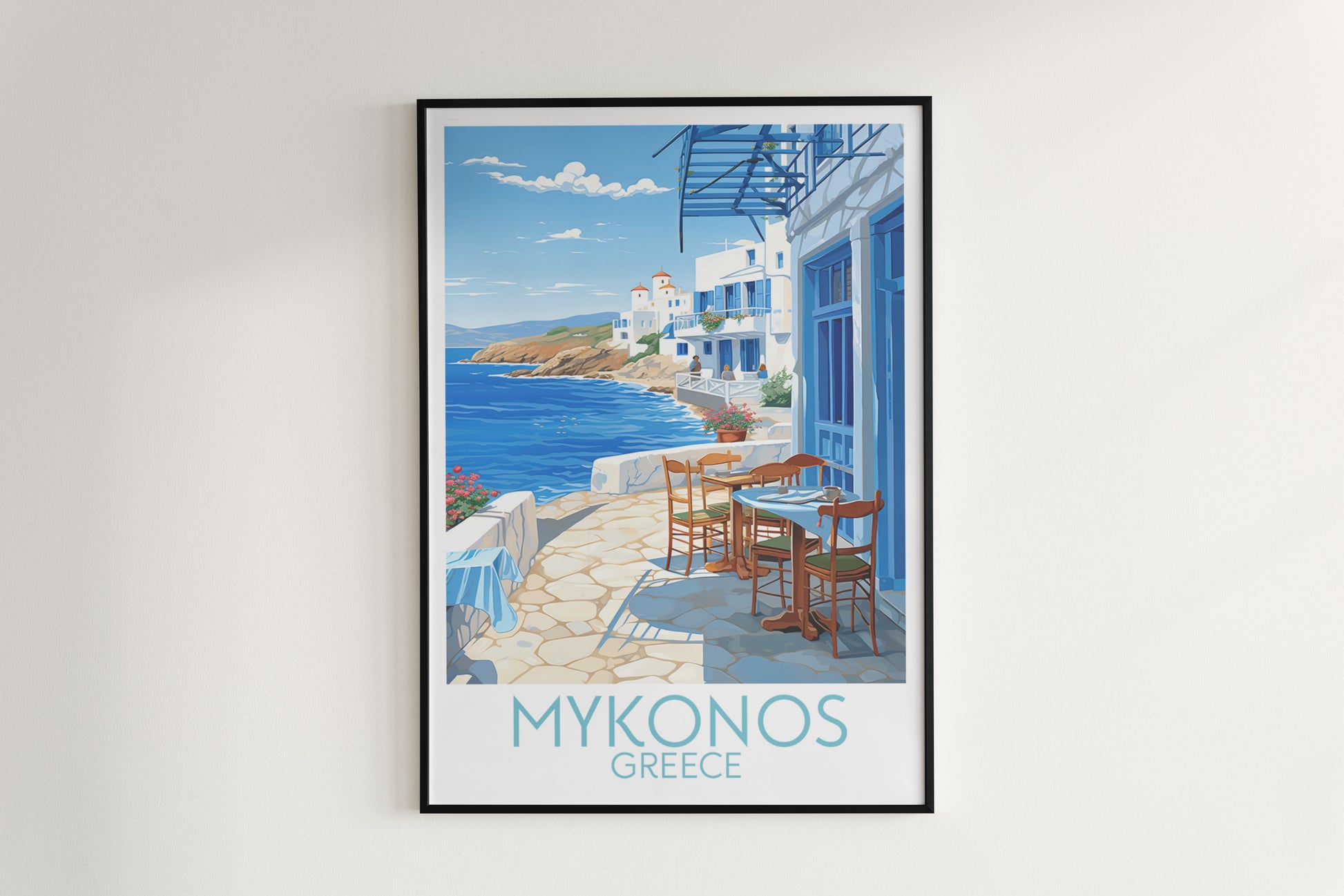 mykonos travel poster hanged on the wall greece