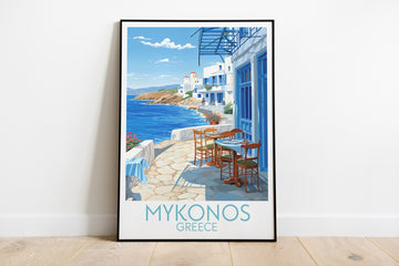 mykonos travel poster on the ground greece