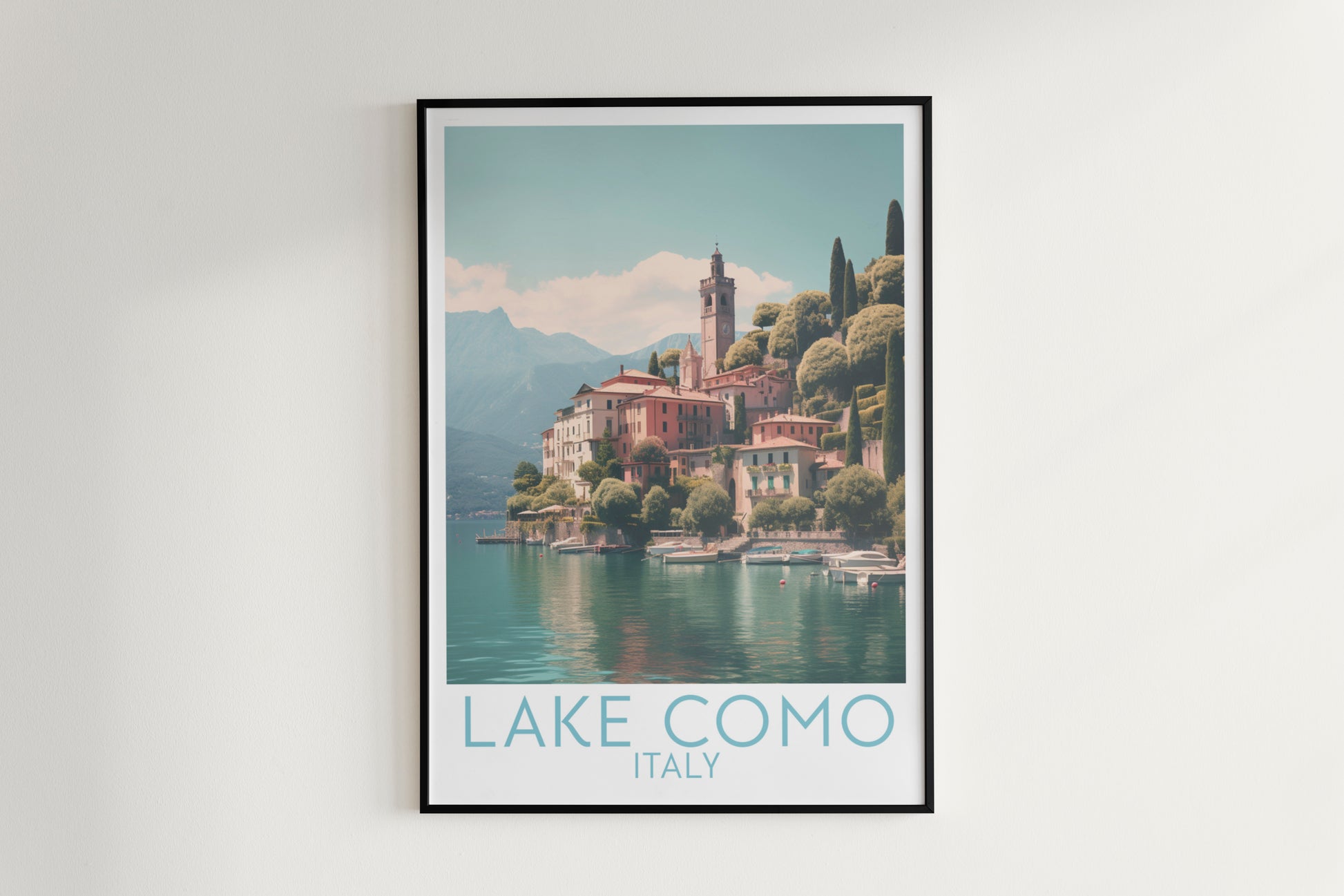 lake como travel poster hanged on the wall italy