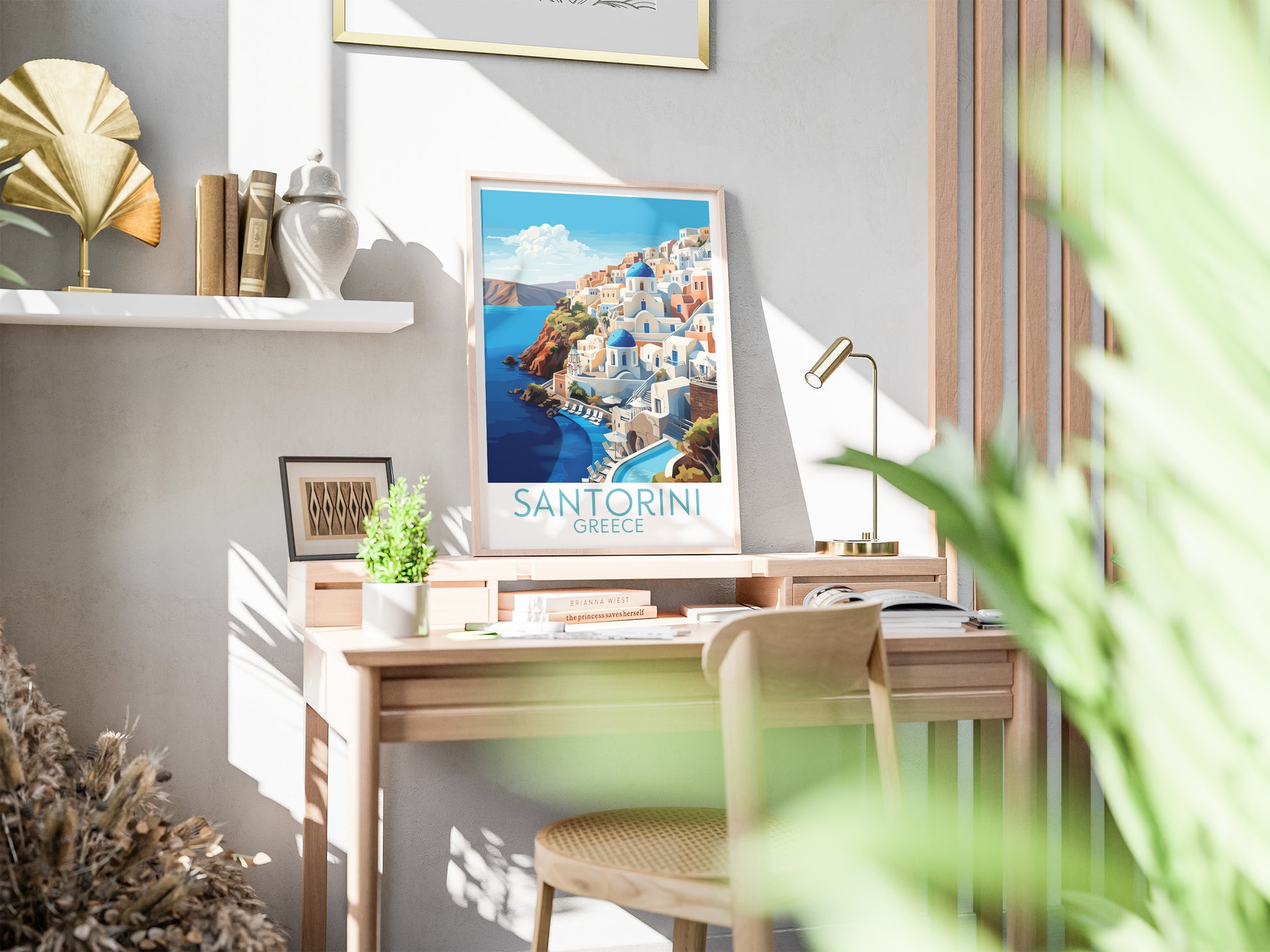 santorini travel poster on desk greece