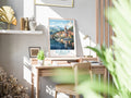 bergen travel poster on desk norway