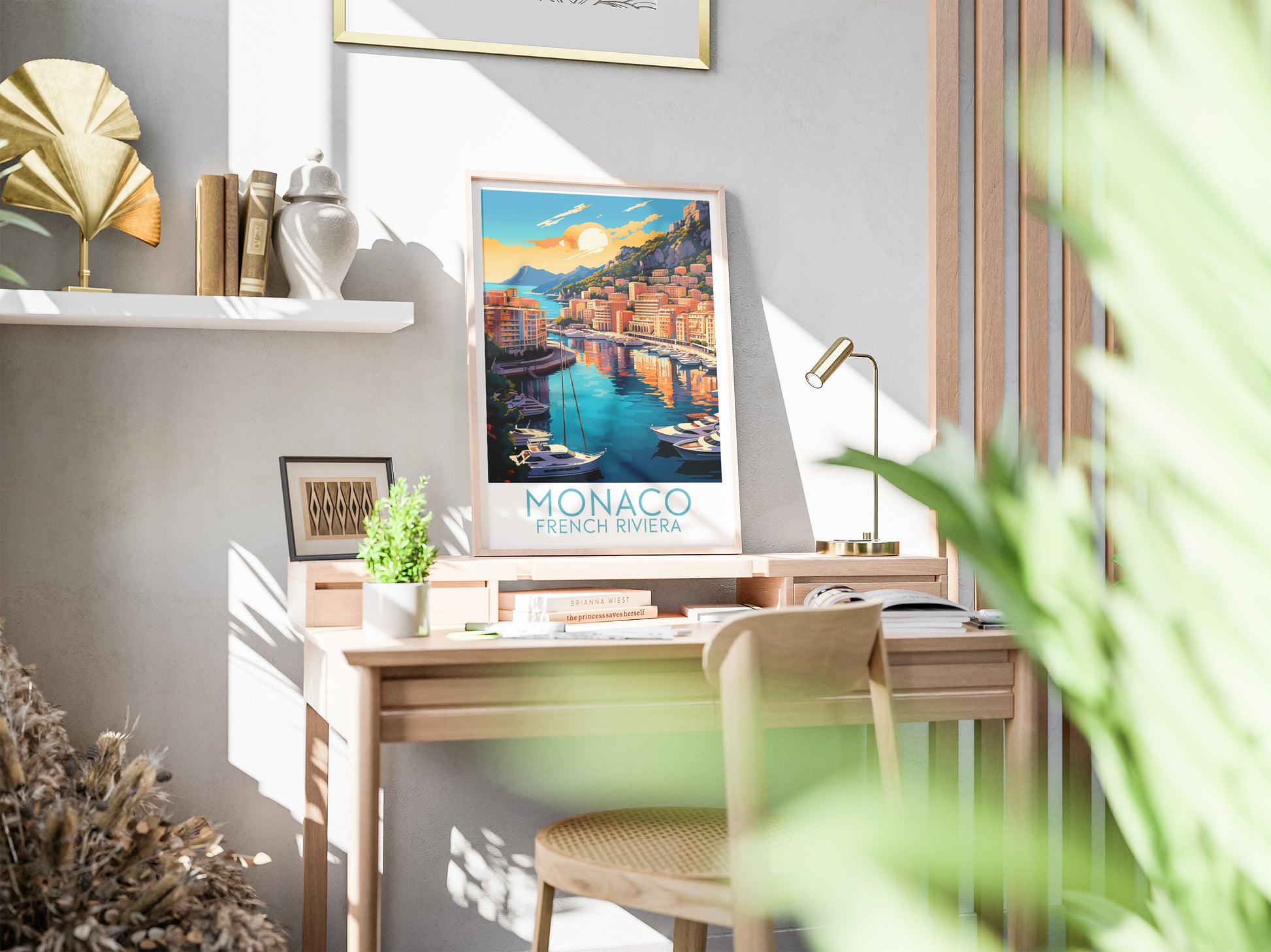 monaco travel poster on desk french riviera