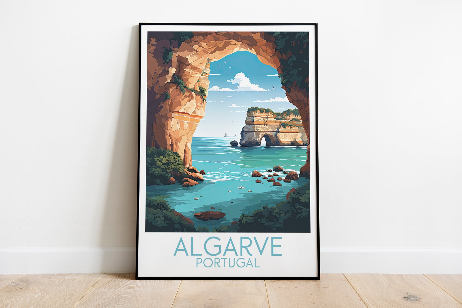 algarve travel poster on the ground portugal