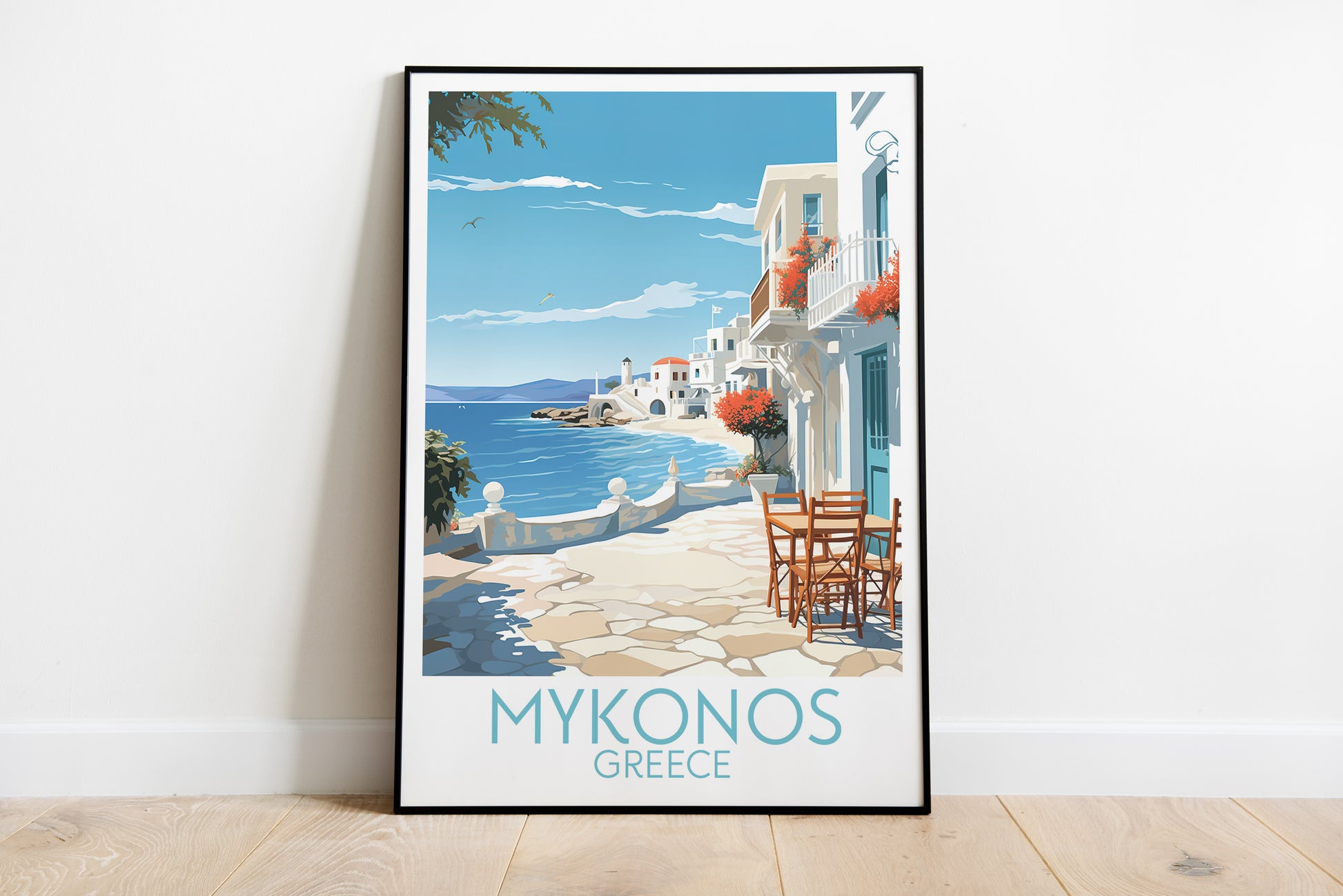 mykonos travel poster on the ground greece