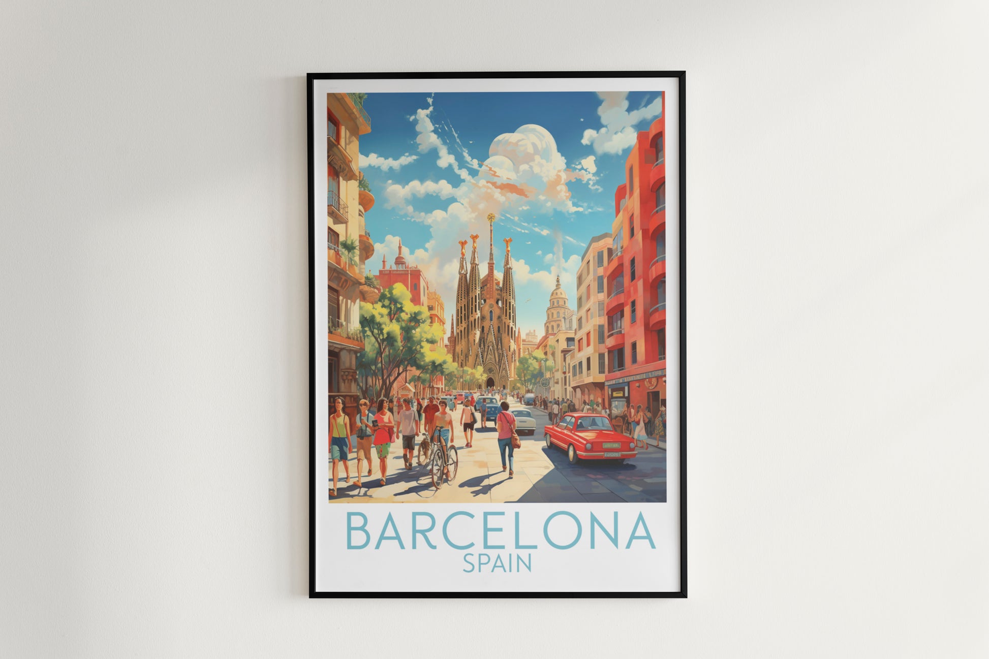 barcelona travel poster hanged on the wall spain