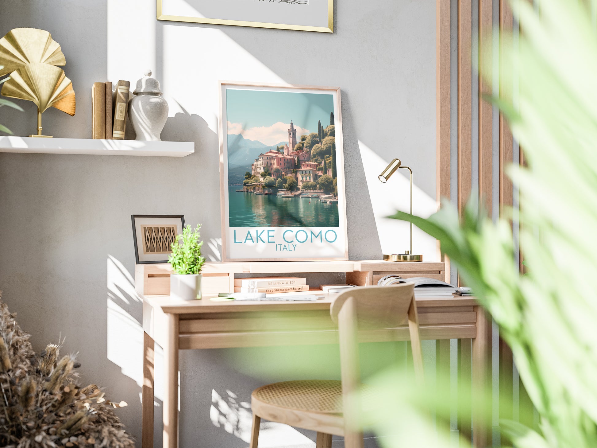 lake como travel poster on desk italy