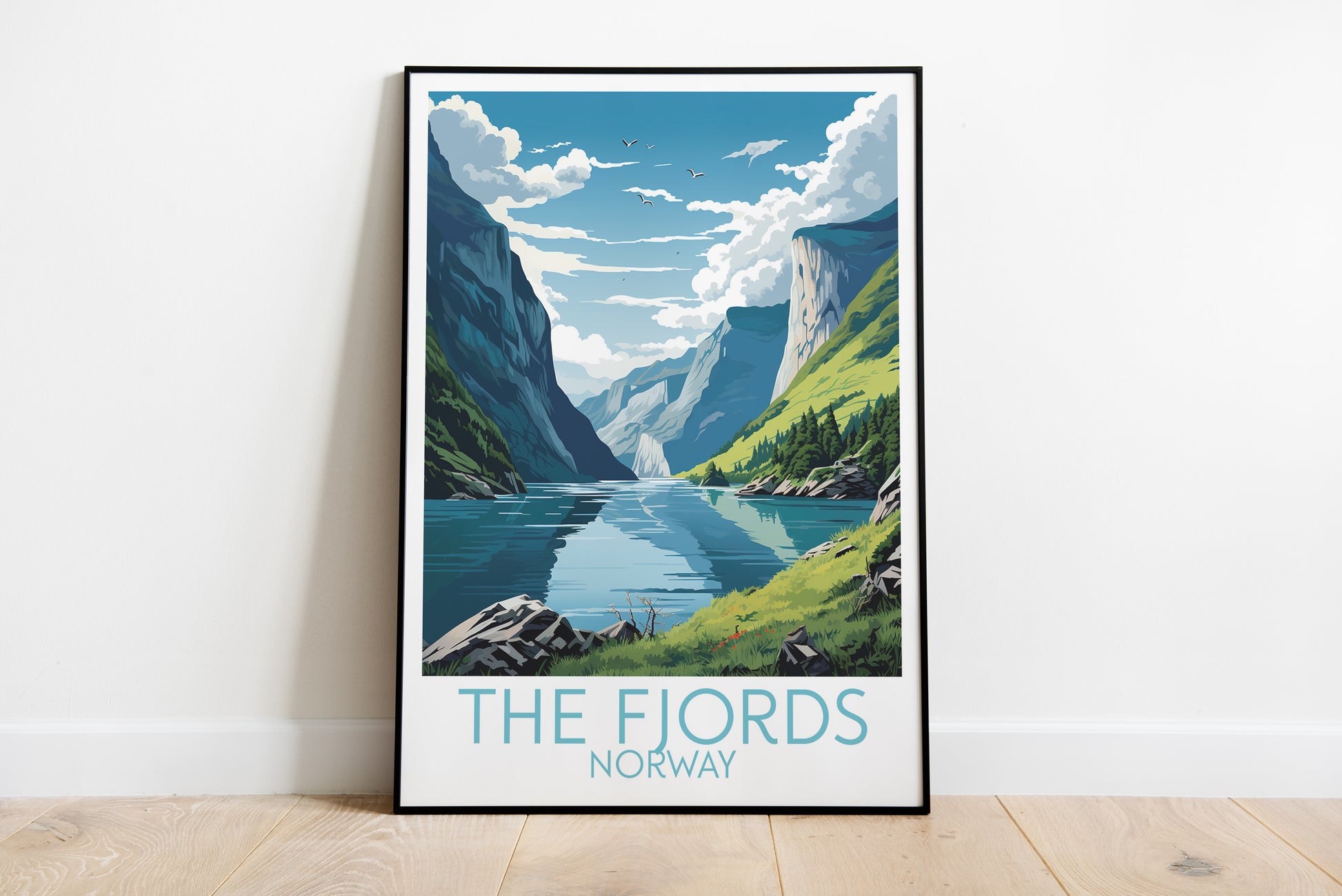 the fjords travel poster on the ground norway