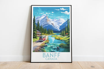 banff travel poster on the ground canada